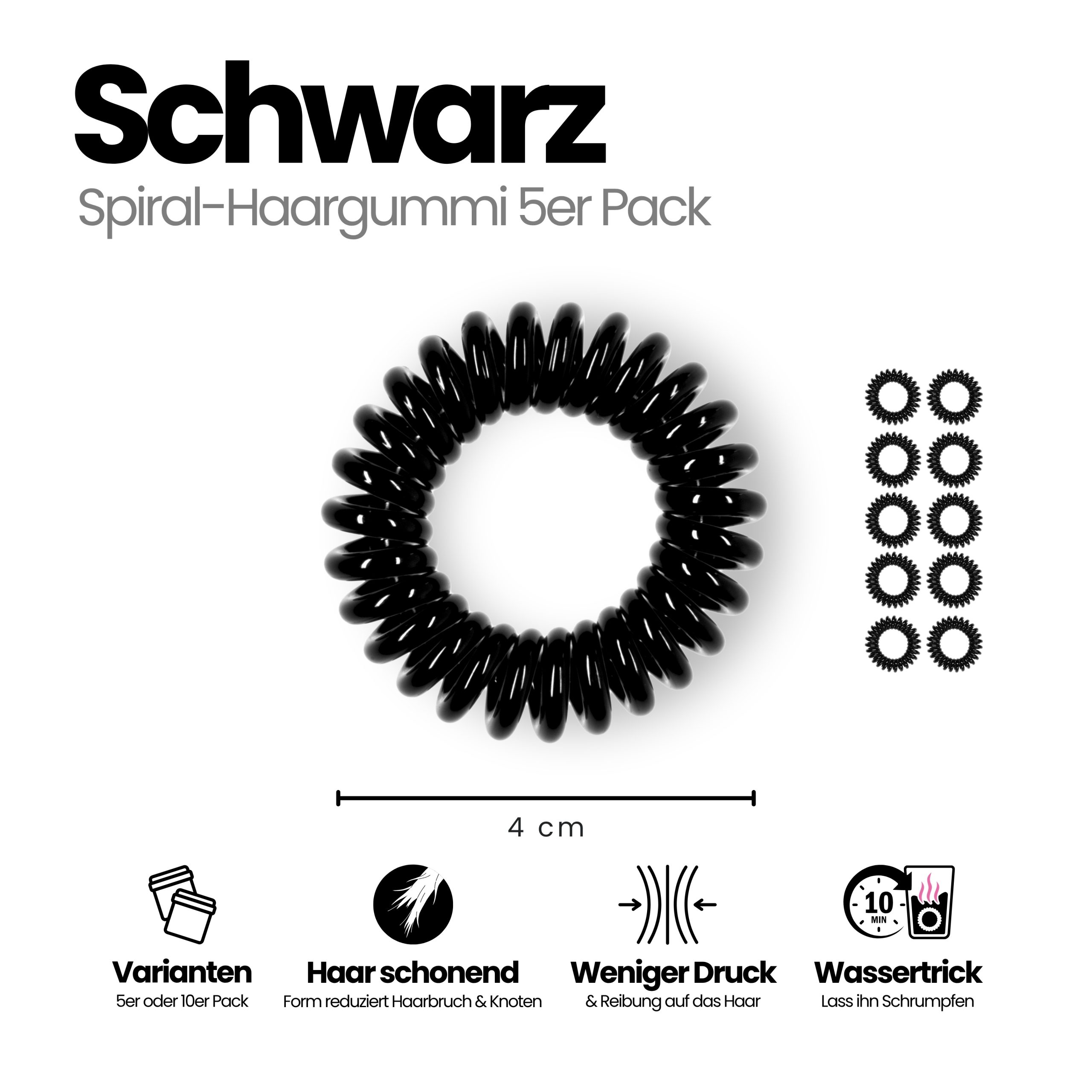 Spiral Haargummi Schwarz | 10er Pack - 4cm – Bild 3
