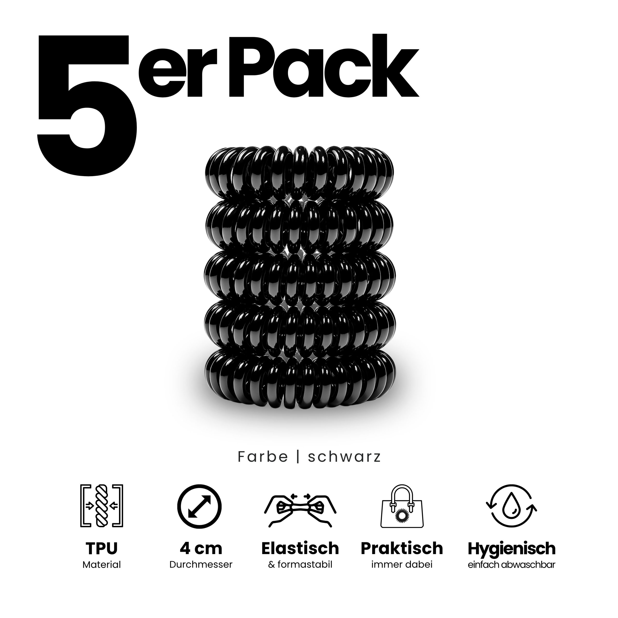 Spiral Haargummi Schwarz | 5er Pack - 4cm – Bild 2