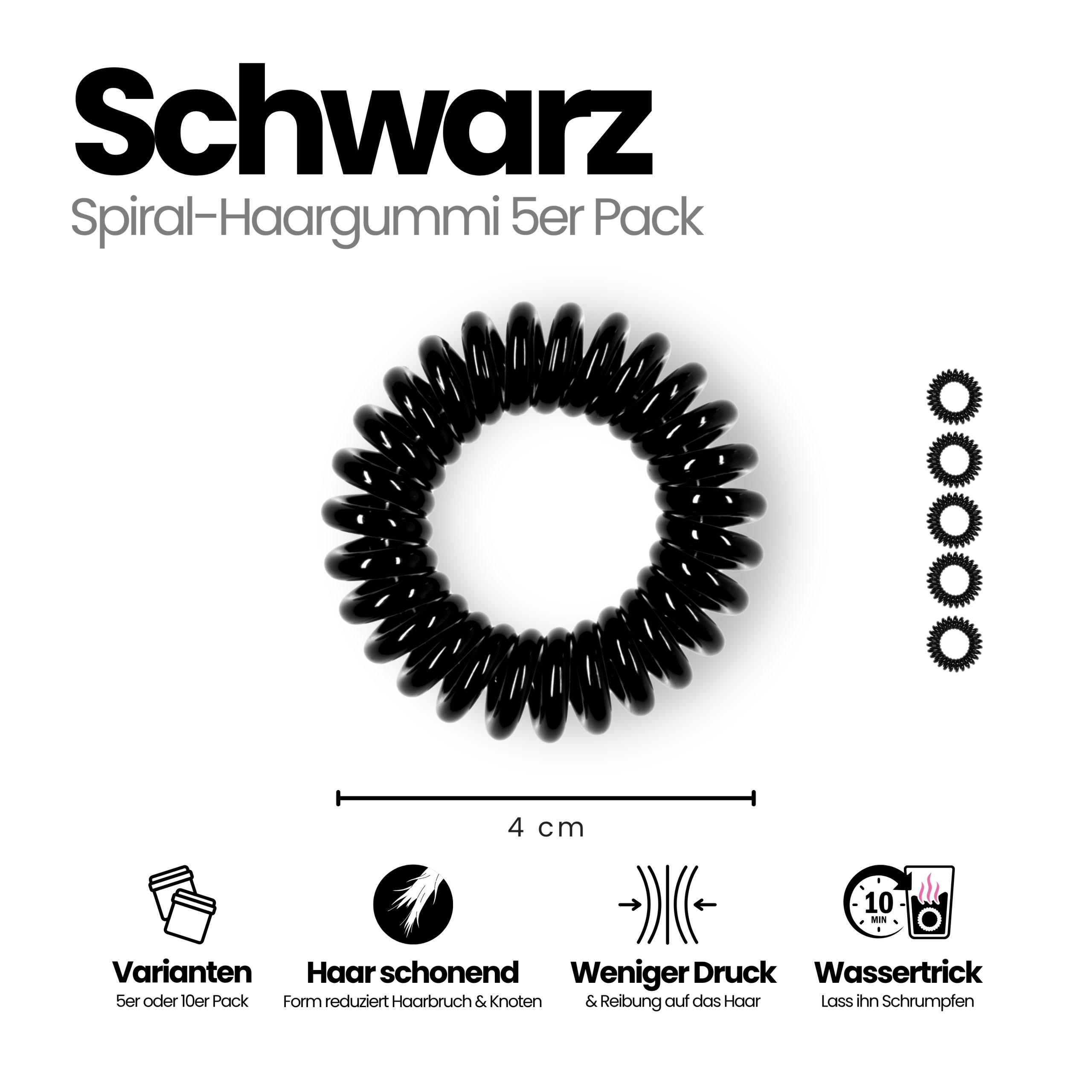 Spiral Haargummi Schwarz | 5er Pack - 4cm – Bild 3