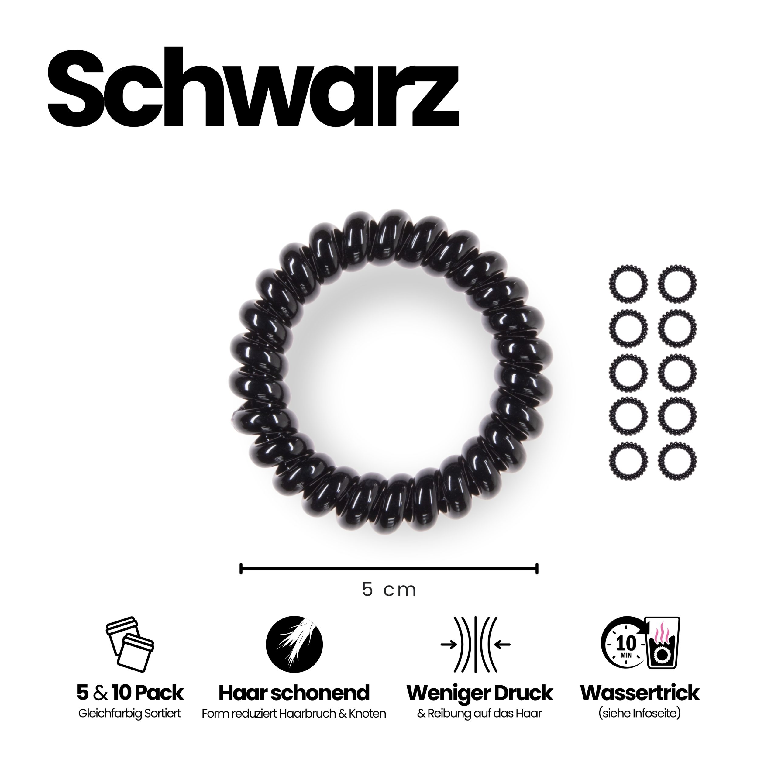 Spiral Haargummi Schwarz | 10er Pack - 5cm – Bild 3