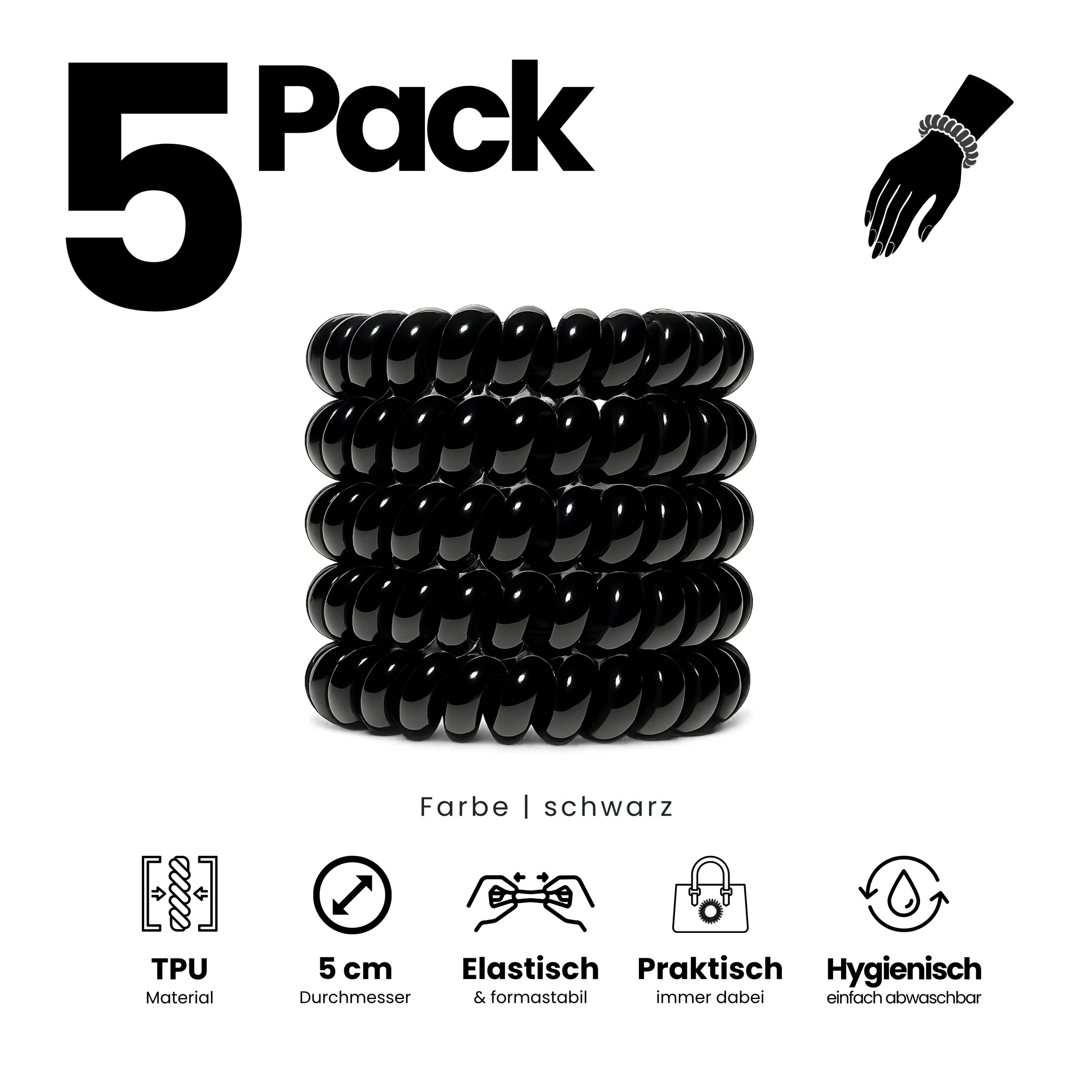 Spiral Haargummi Schwarz | 5er Pack - 5cm – Bild 2