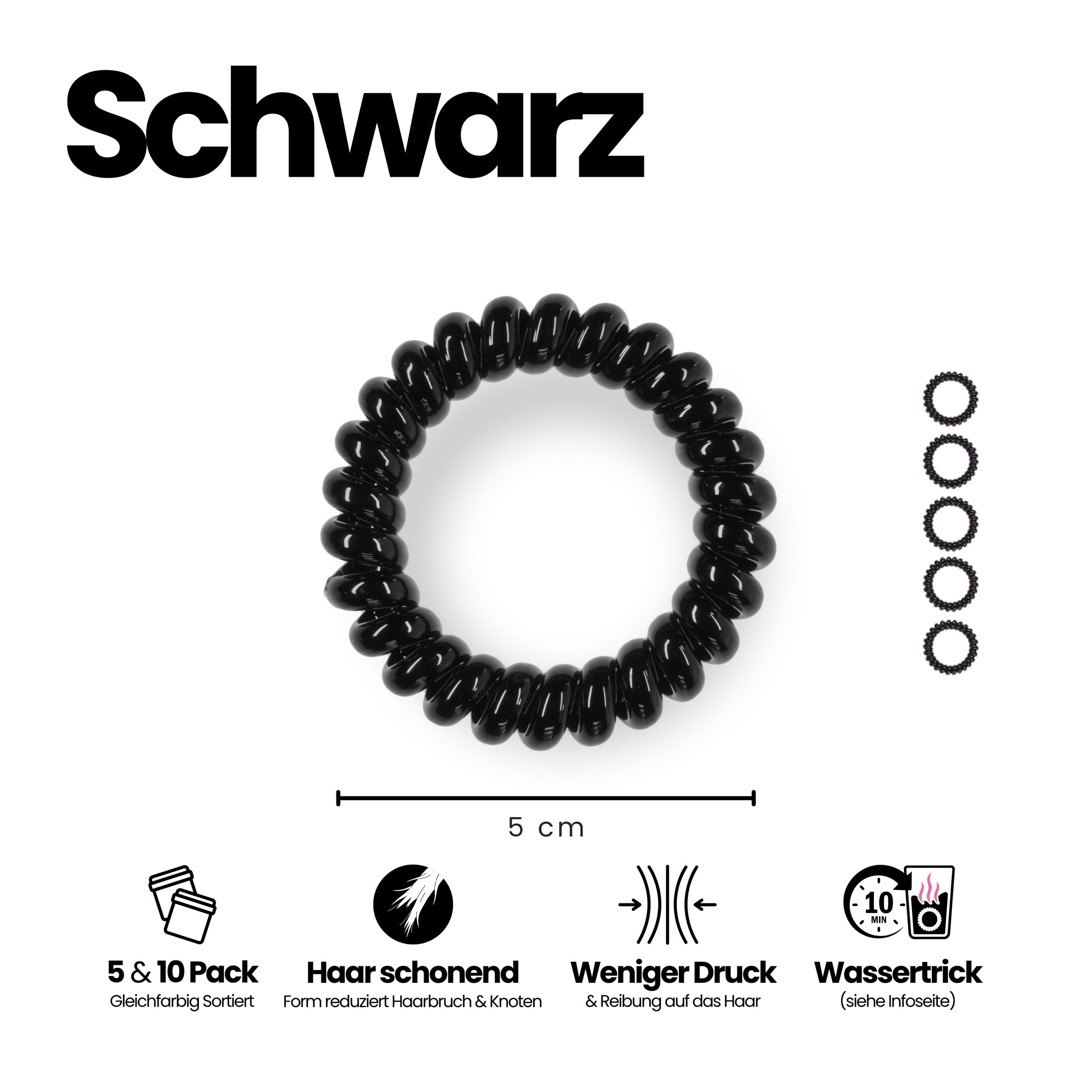 Spiral Haargummi Schwarz | 5er Pack - 5cm – Bild 3