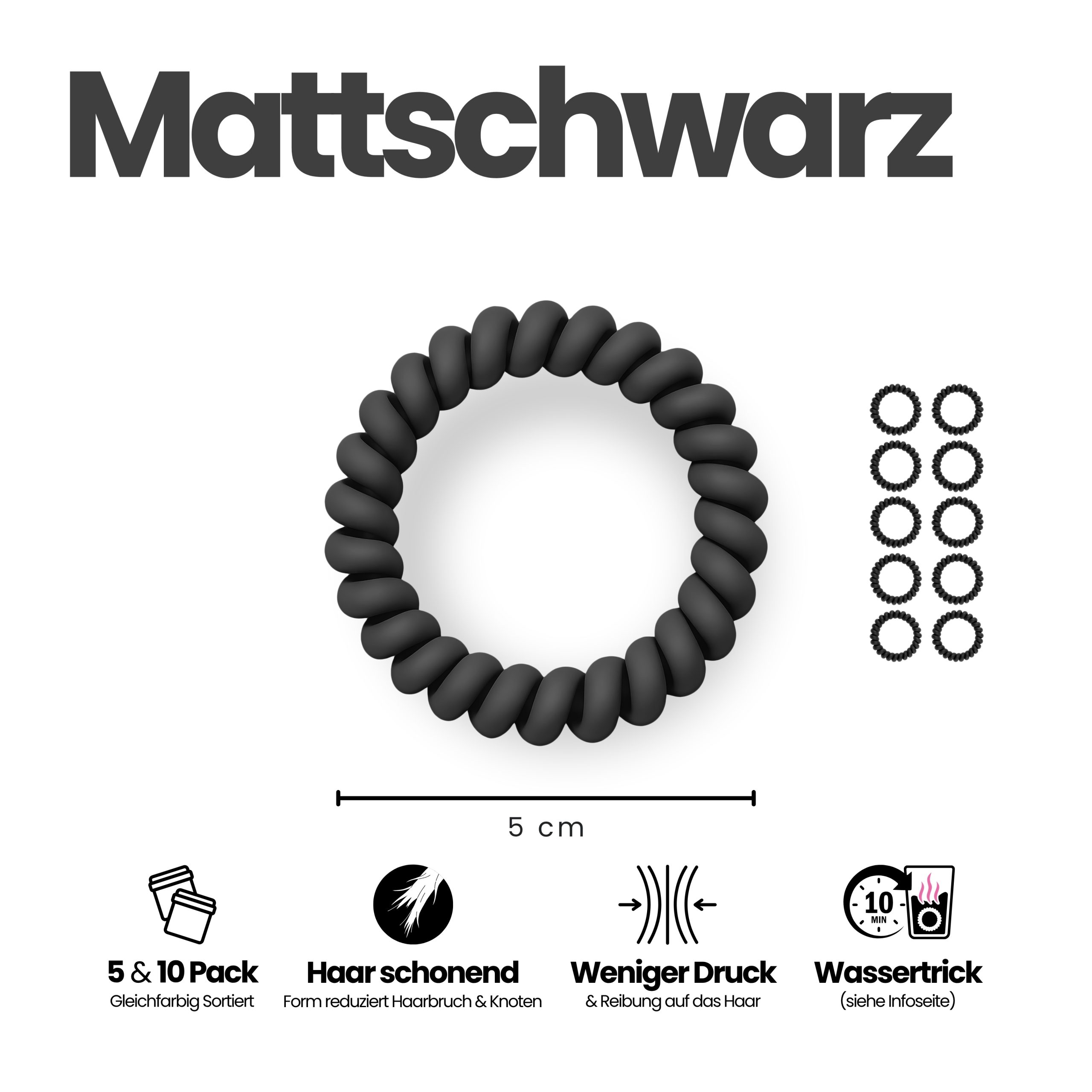 Spiral Haargummi Mattschwarz | 10er Pack - 5cm – Bild 3