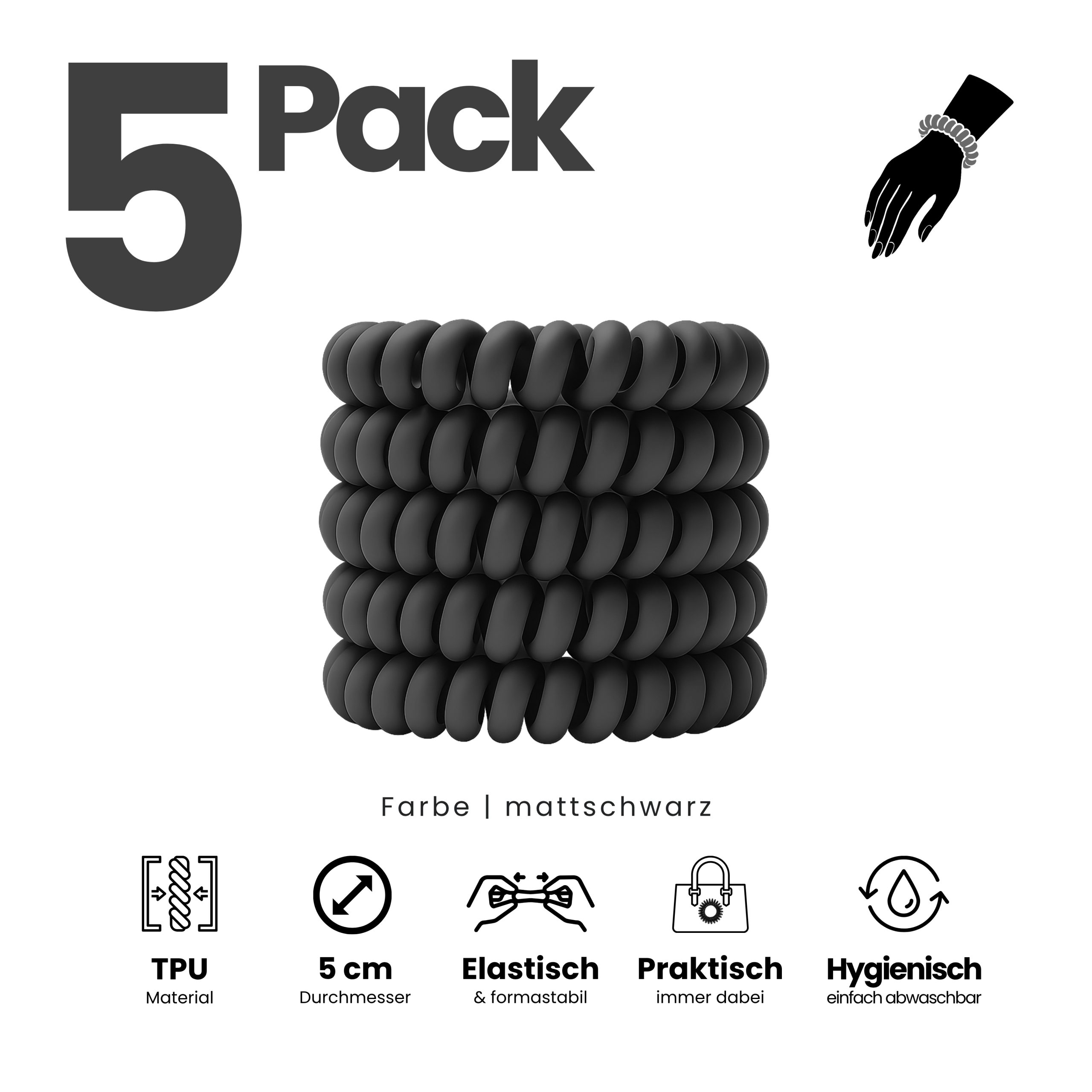 Spiral Haargummi Mattschwarz | 5er Pack - 5cm – Bild 2