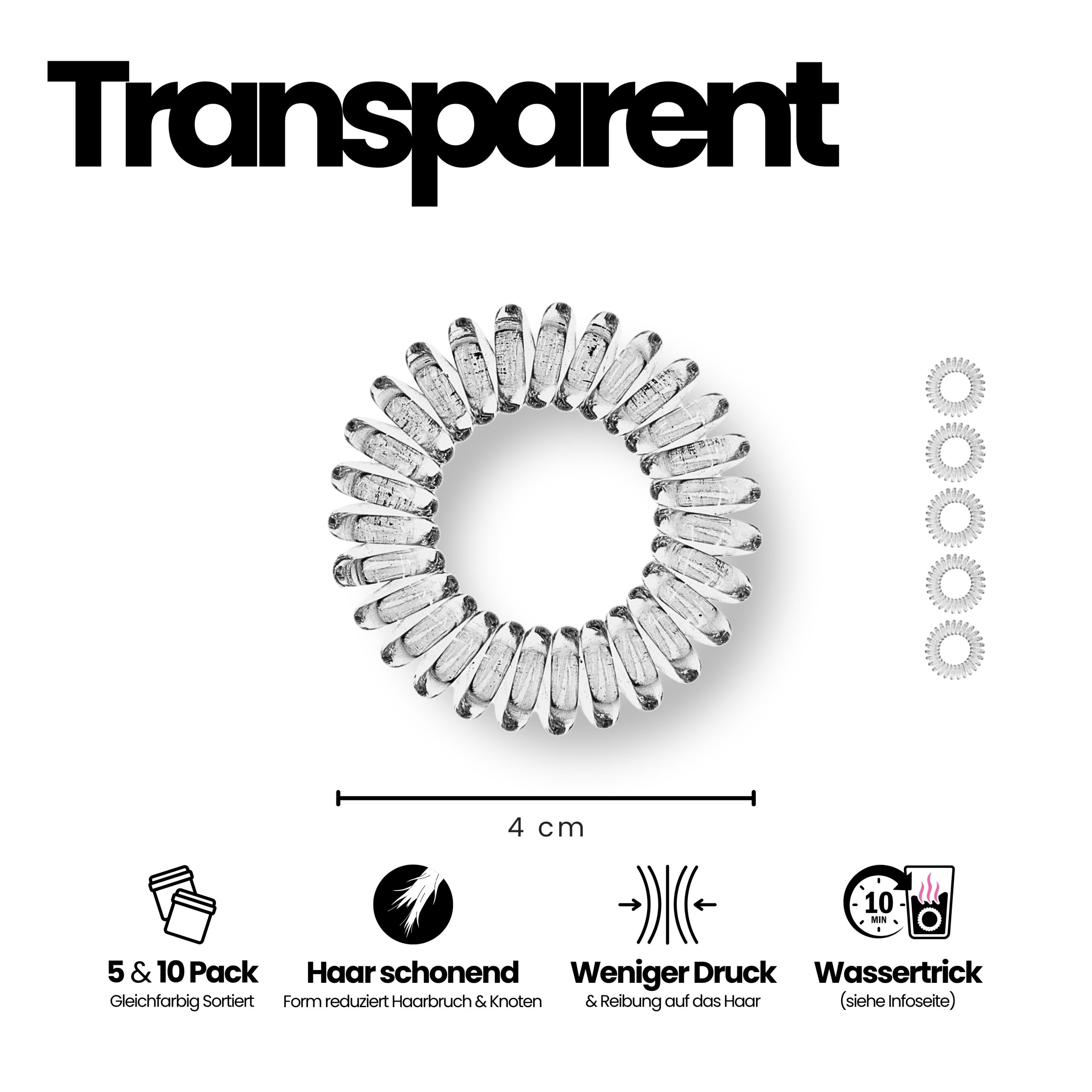 Spiral Haargummi Transparent | 5er Pack - 4cm – Bild 3