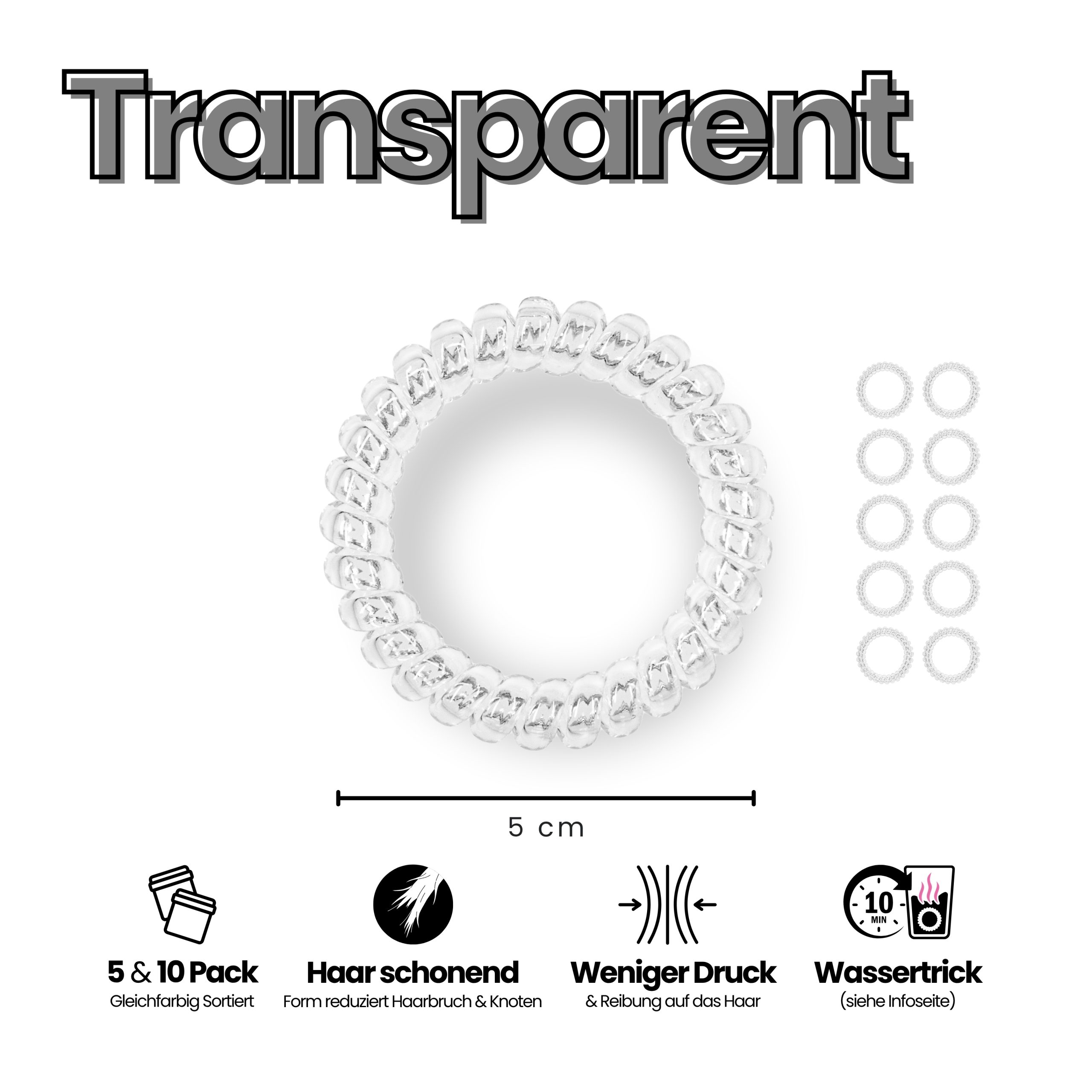 Spiral Haargummi Transparent | 10er Pack - 5cm – Bild 3