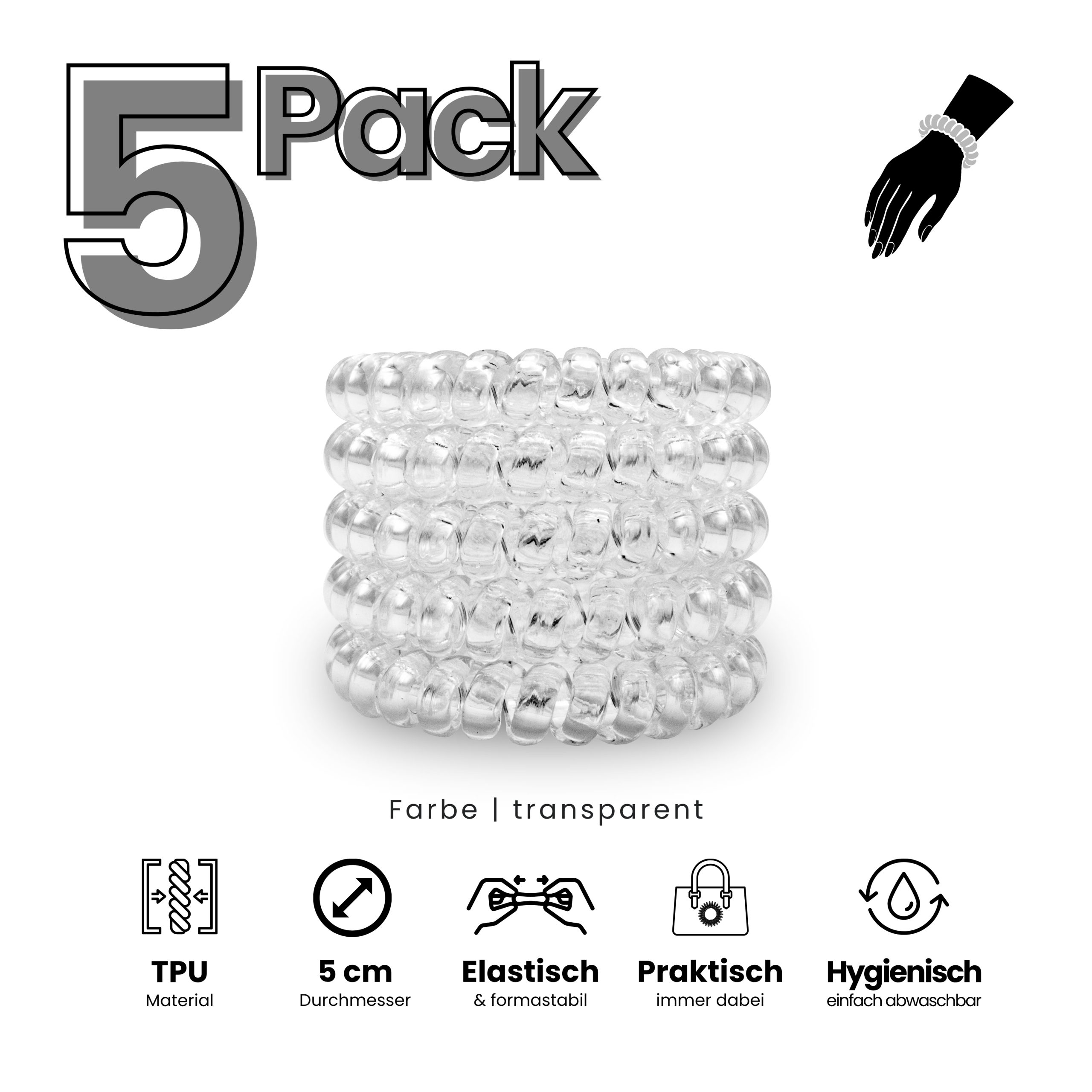 Spiral Haargummi Transparent | 5er Pack - 5cm – Bild 2