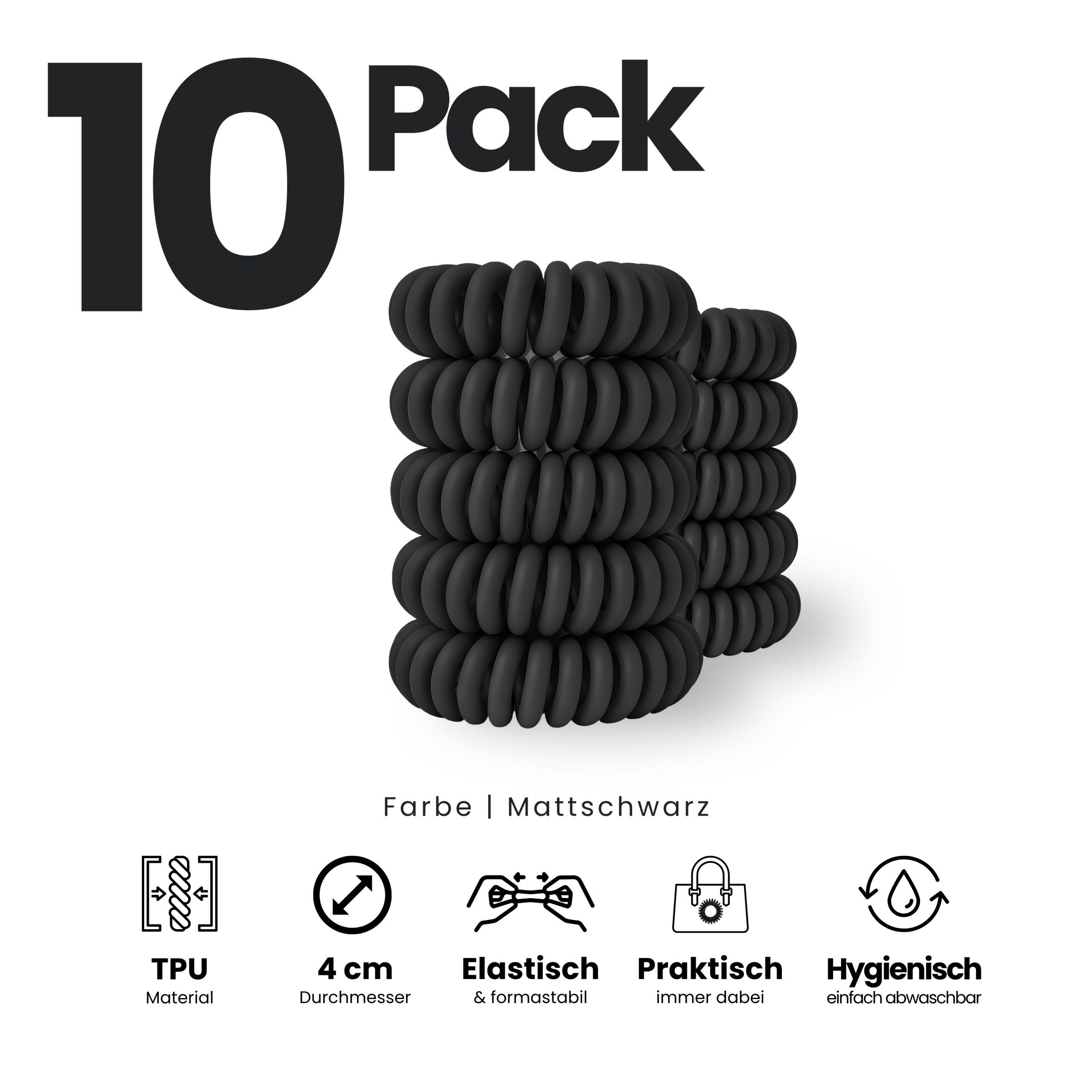 Spiral Haargummi Mattschwarz | 10er Pack - 4cm – Bild 2
