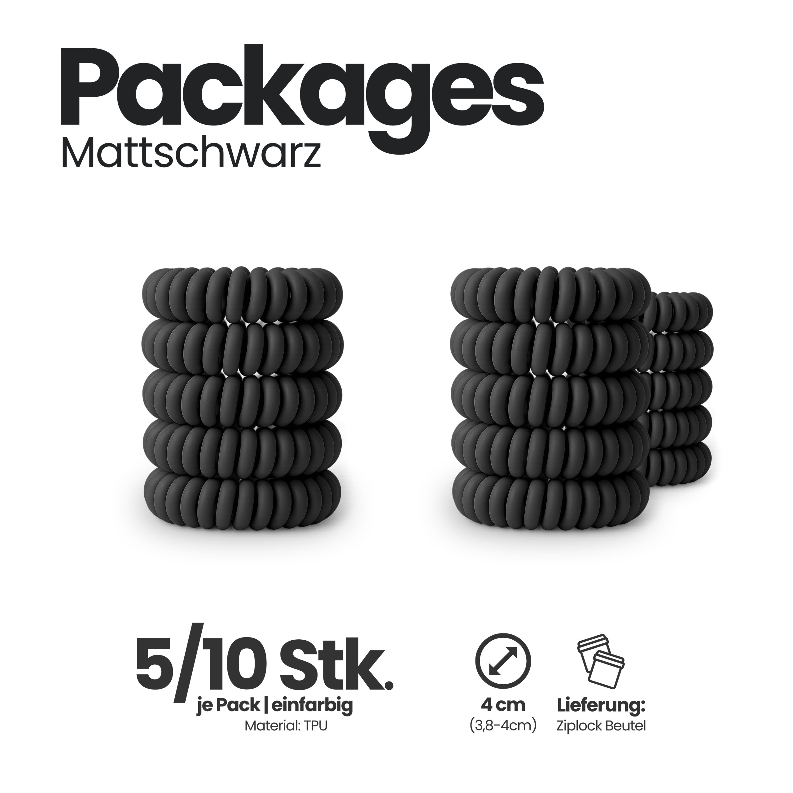 Spiral Haargummi Mattschwarz | 10er Pack - 4cm – Bild 4