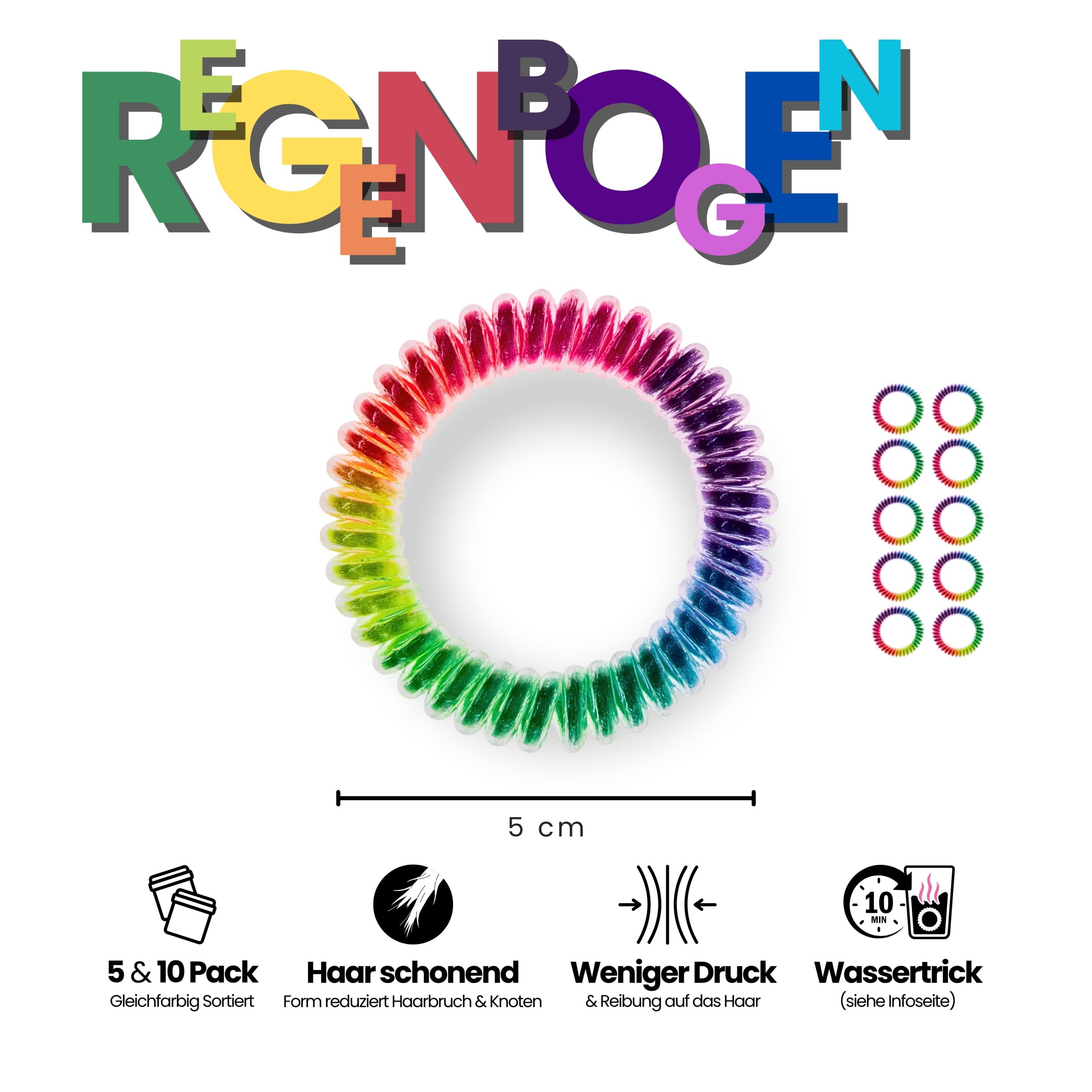 Spiral Haargummi Regenbogen | 10er Pack - 5cm – Bild 3