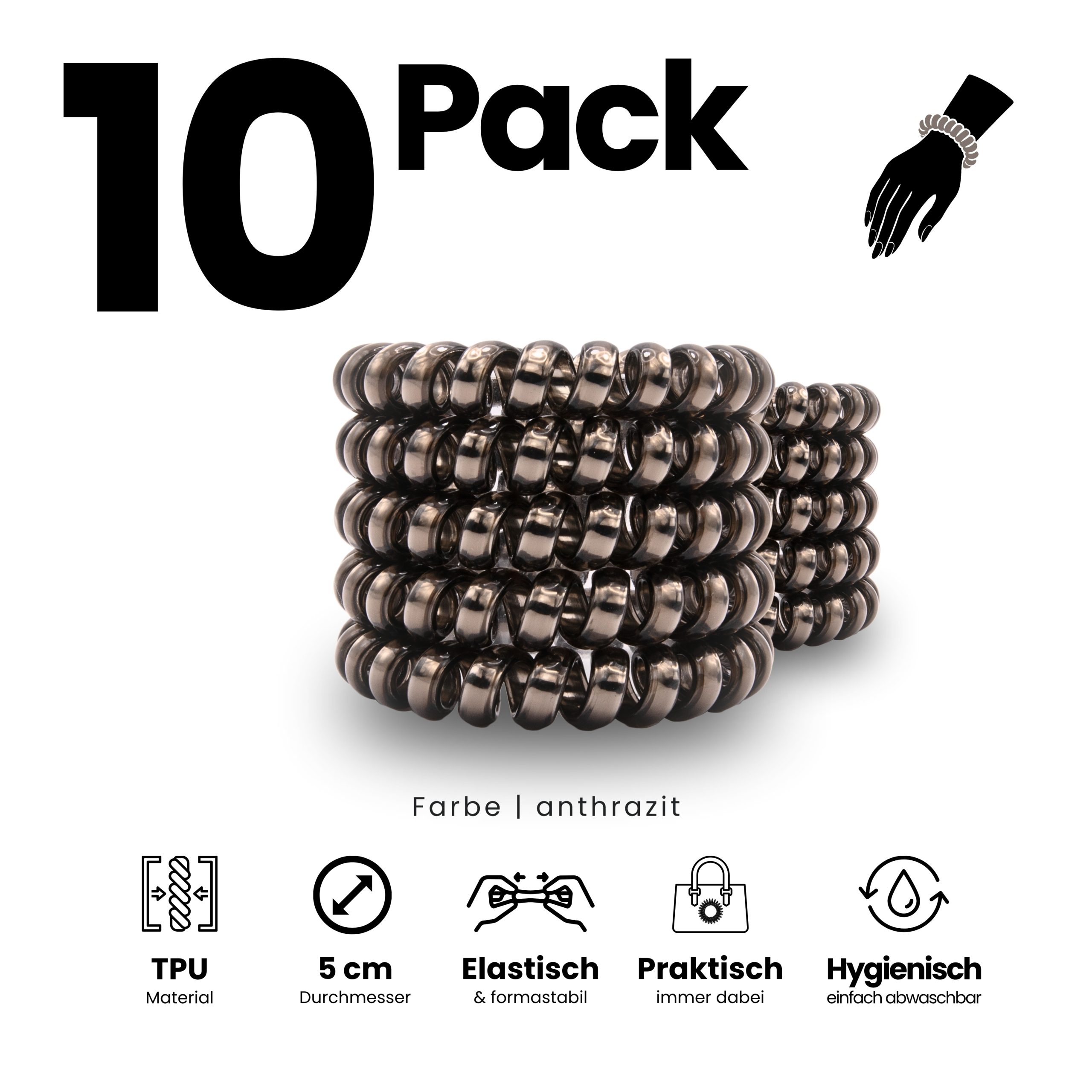 Spiral Haargummi Anthrazit | 10er Pack - 5cm – Bild 2