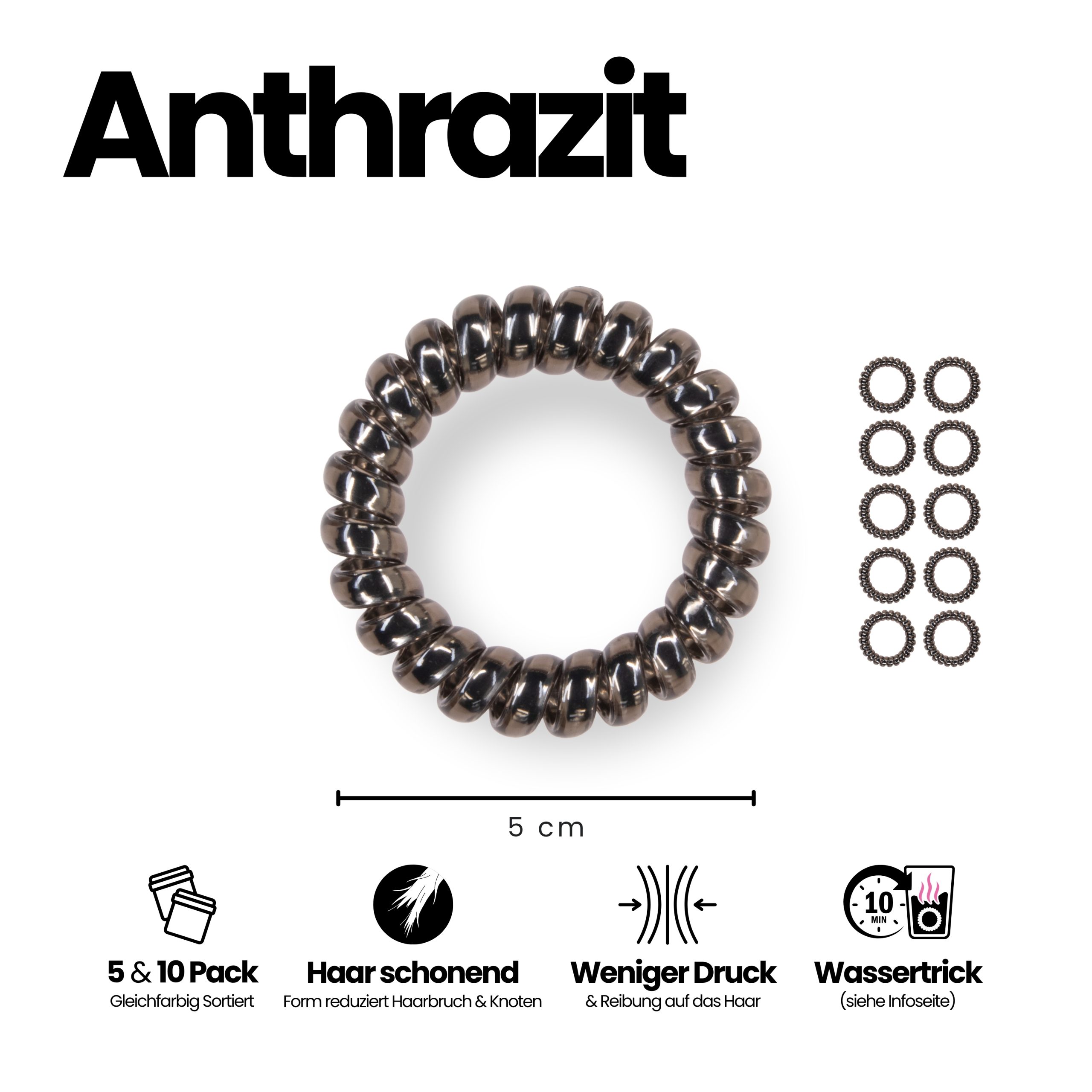 Spiral Haargummi Anthrazit | 10er Pack - 5cm – Bild 3