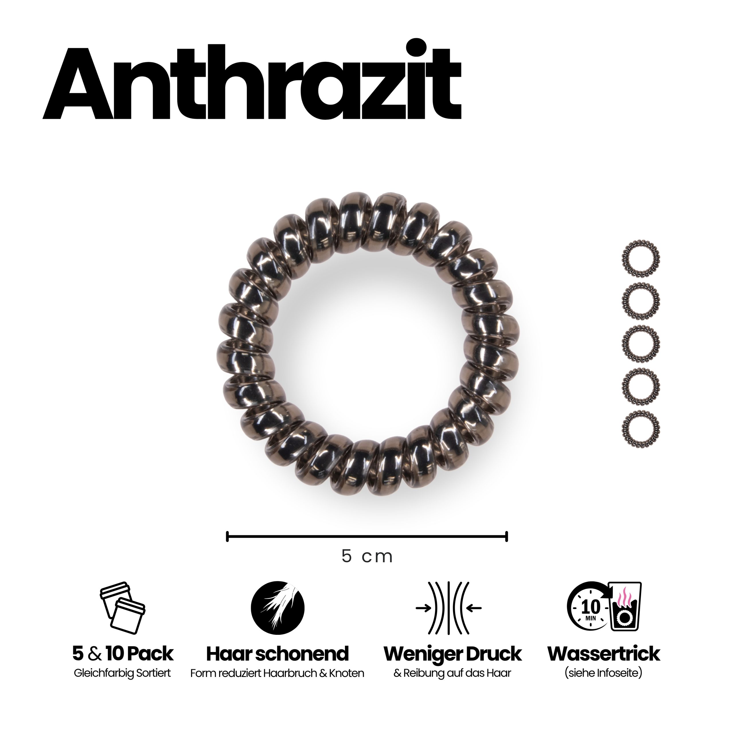 Spiral Haargummi Anthrazit | 5er Pack - 5cm – Bild 3