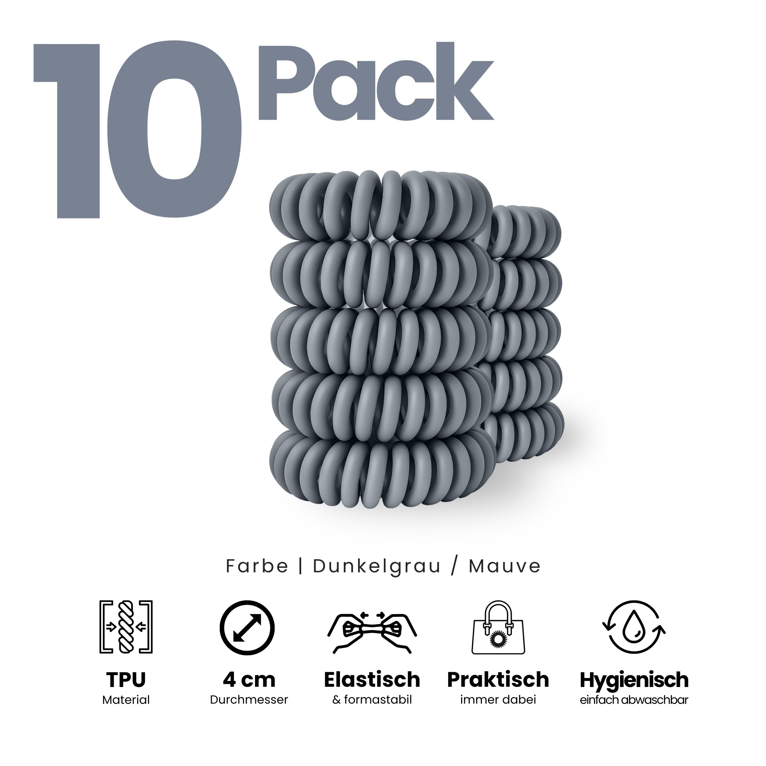 Spiral Haargummi Dunkelgrau | 10er Pack - 4cm – Bild 2