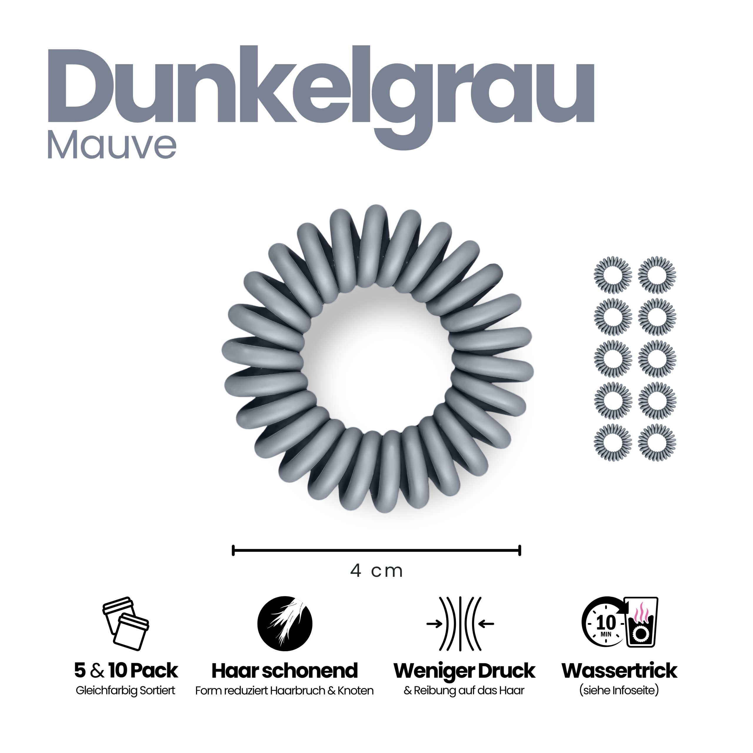 Spiral Haargummi Dunkelgrau | 10er Pack - 4cm – Bild 3