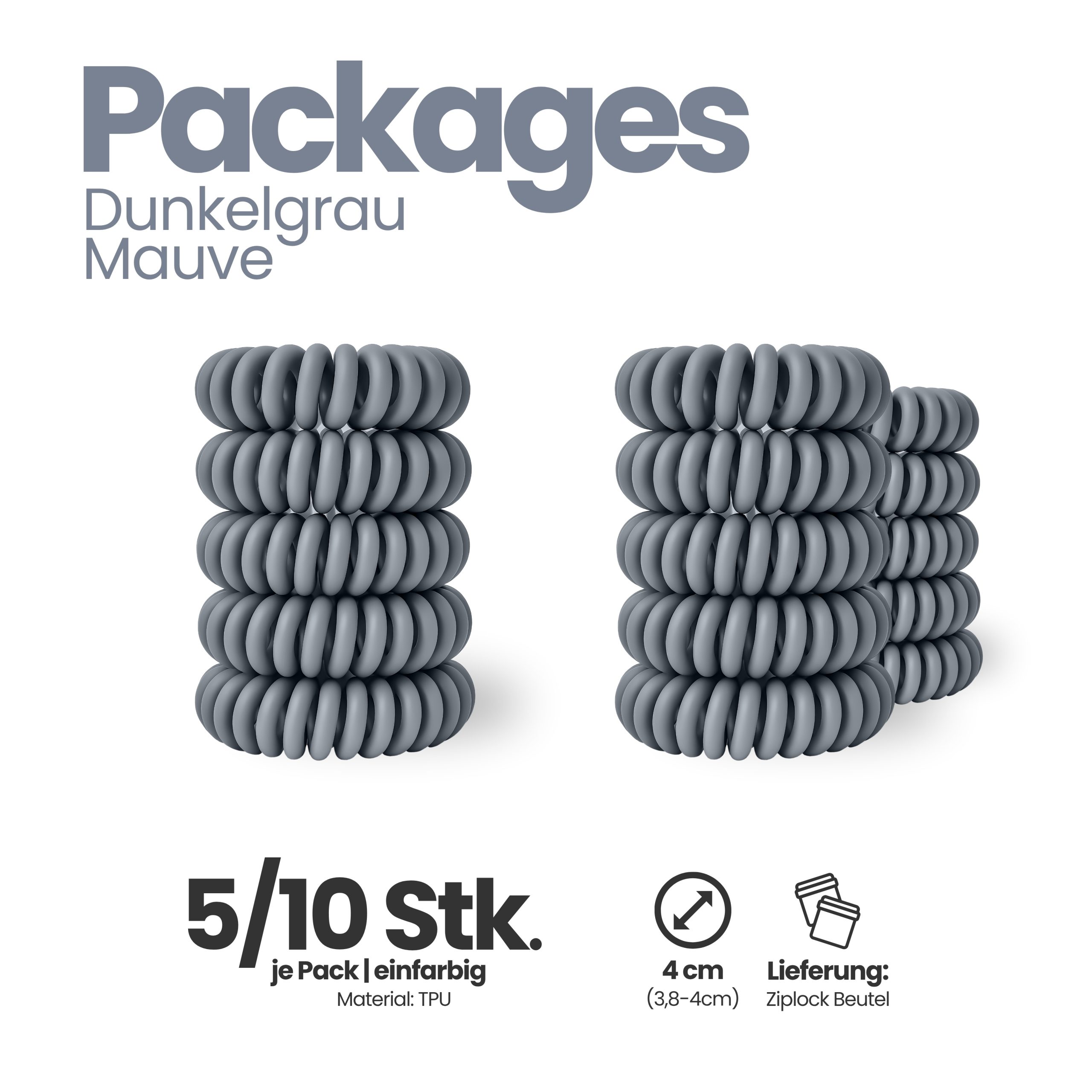 Spiral Haargummi Dunkelgrau | 10er Pack - 4cm – Bild 4