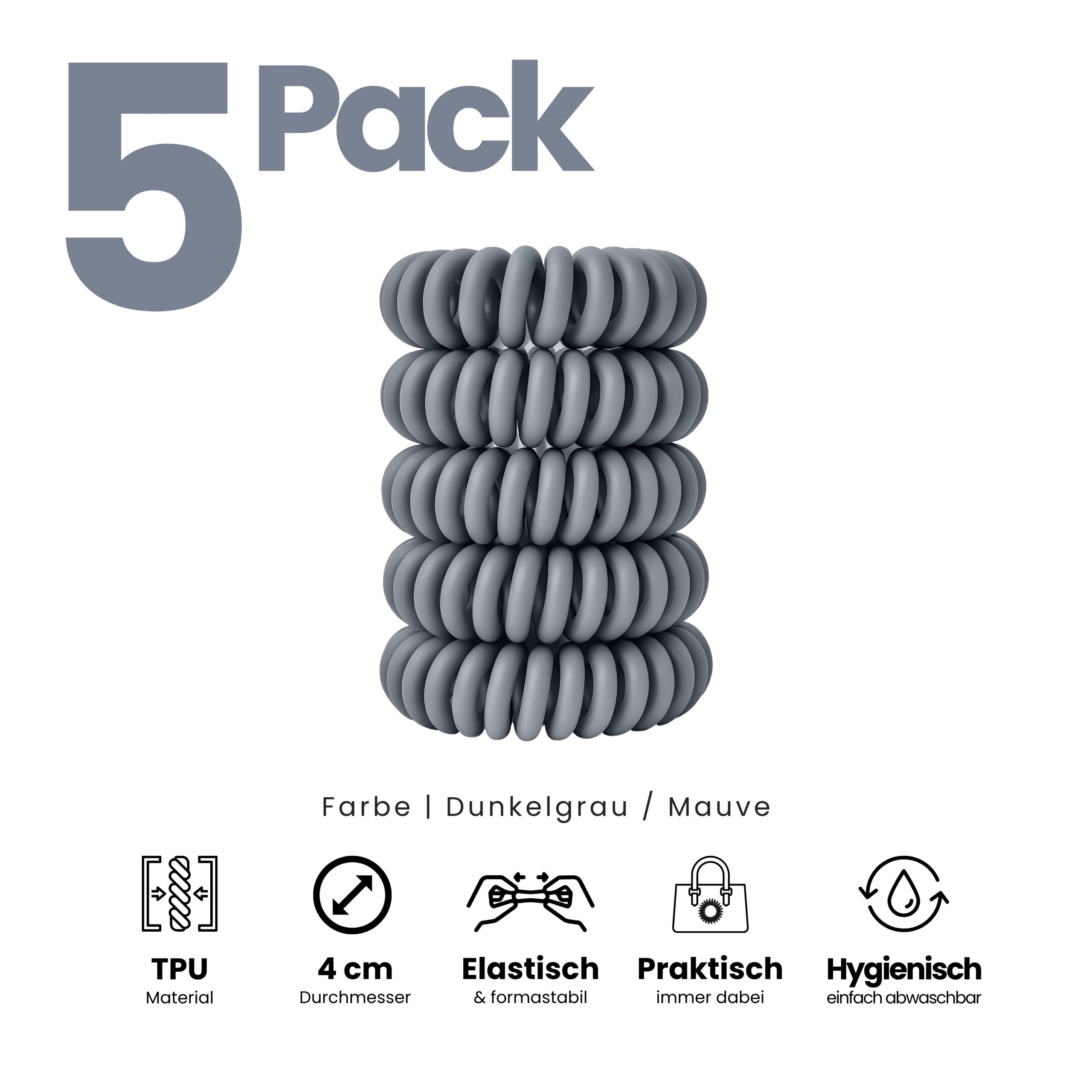 Spiral Haargummi Dunkelgrau | 5er Pack - 4cm – Bild 2