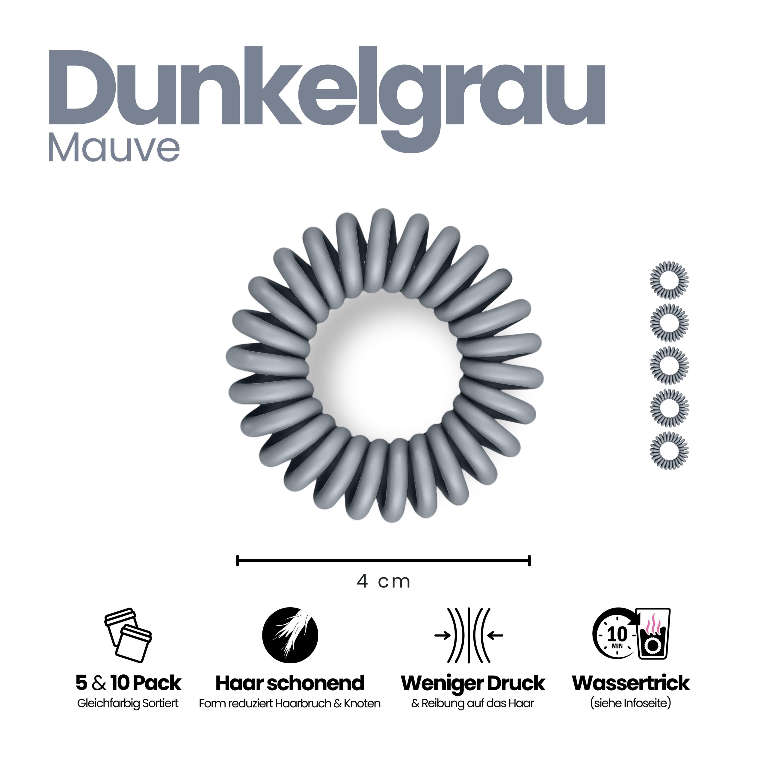 Spiral Haargummi Dunkelgrau | 5er Pack - 4cm – Bild 3