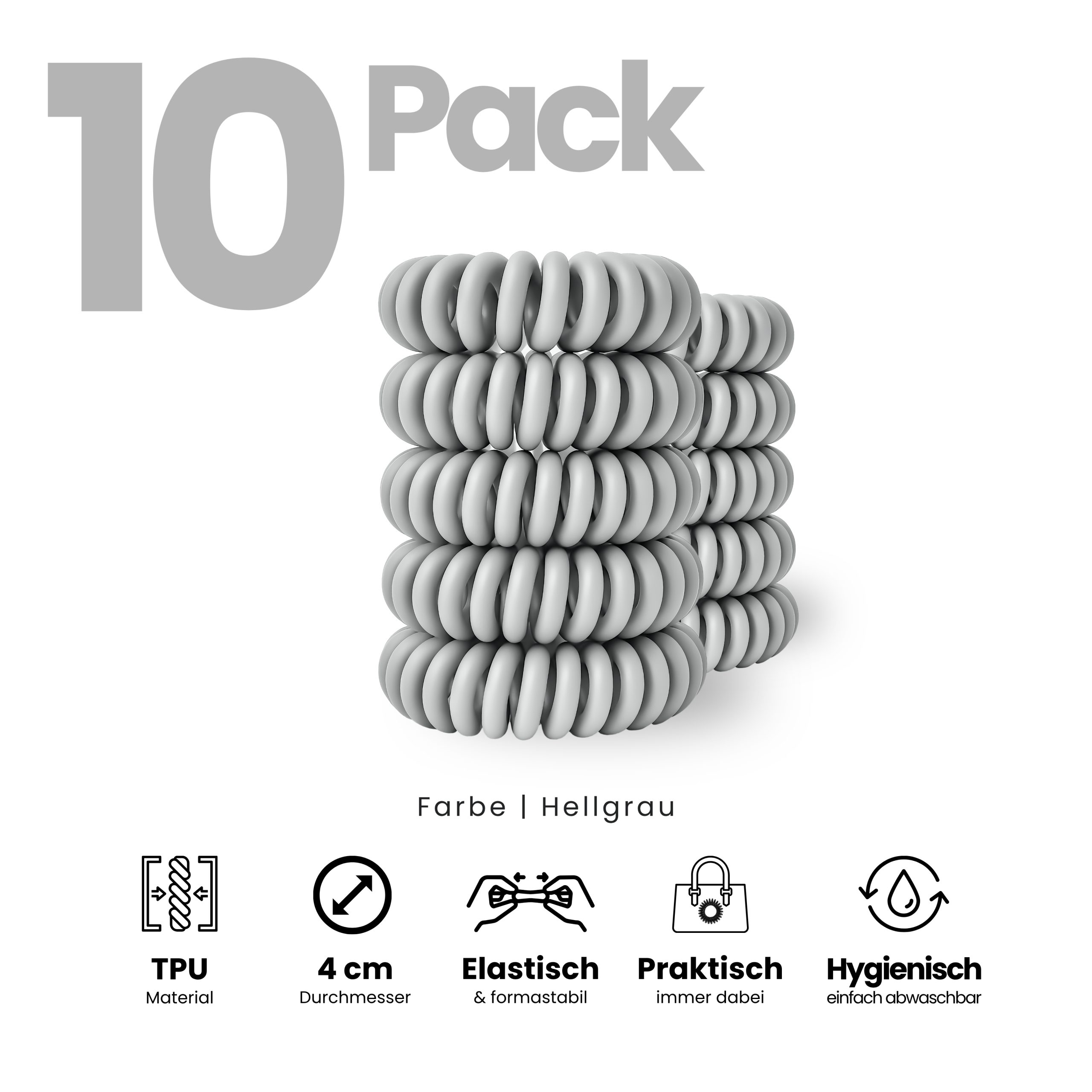 Spiral Haargummi Hellgrau | 10er Pack - 4cm – Bild 2