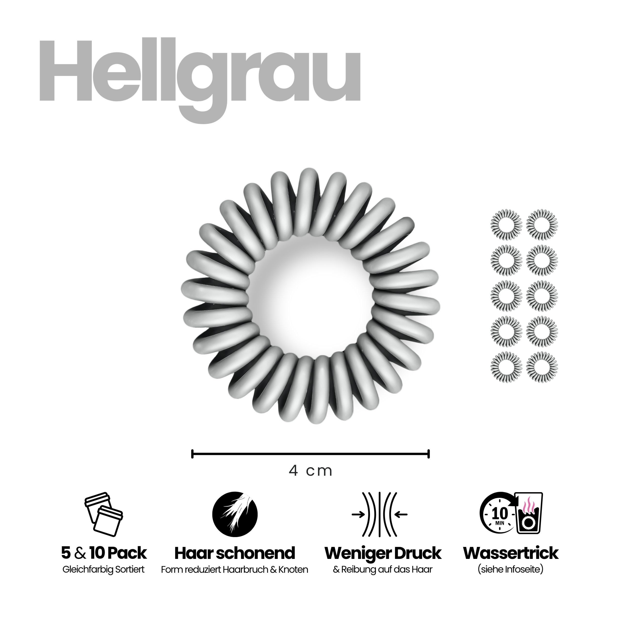 Spiral Haargummi Hellgrau | 10er Pack - 4cm – Bild 3