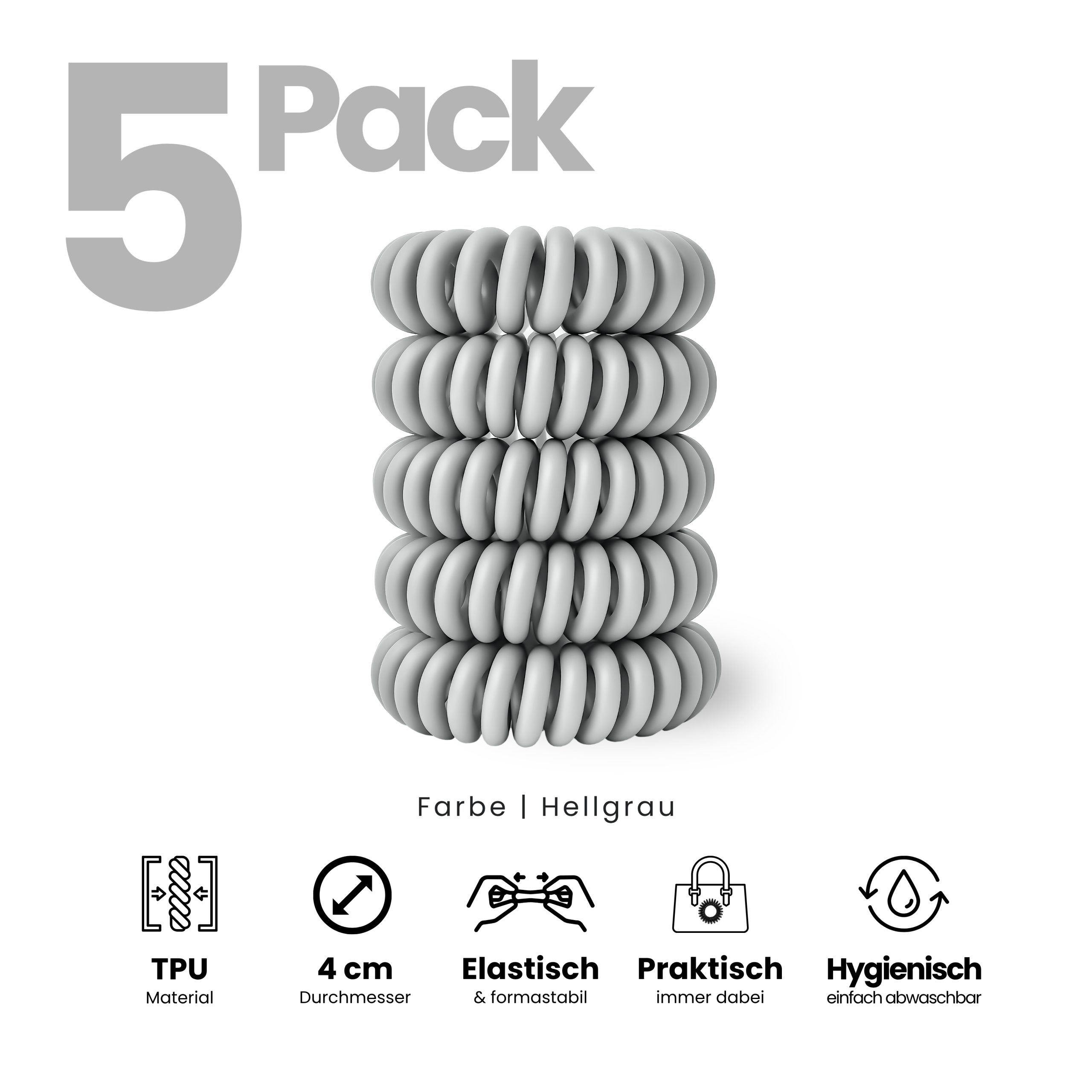 Spiral Haargummi Hellgrau | 5er Pack - 4cm – Bild 2