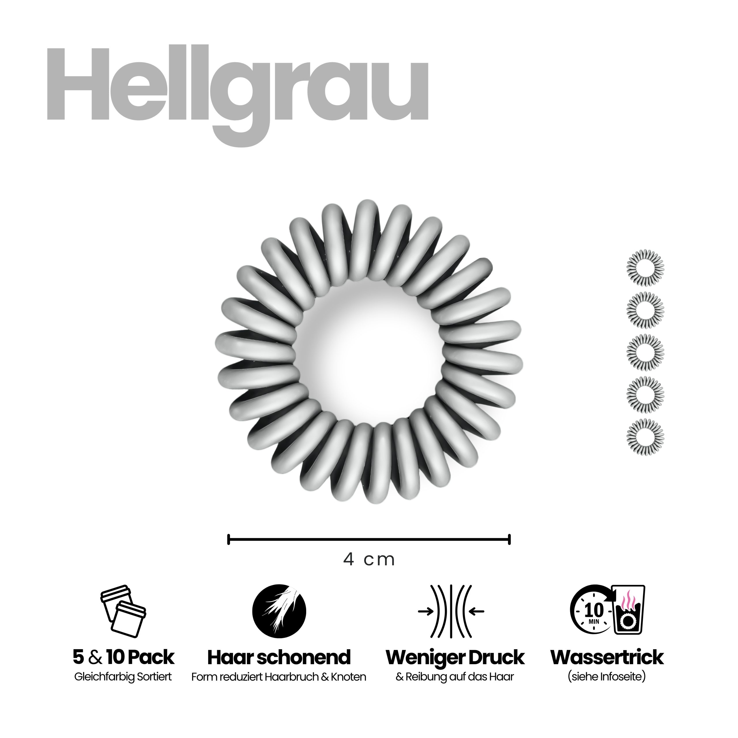 Spiral Haargummi Hellgrau | 5er Pack - 4cm – Bild 3