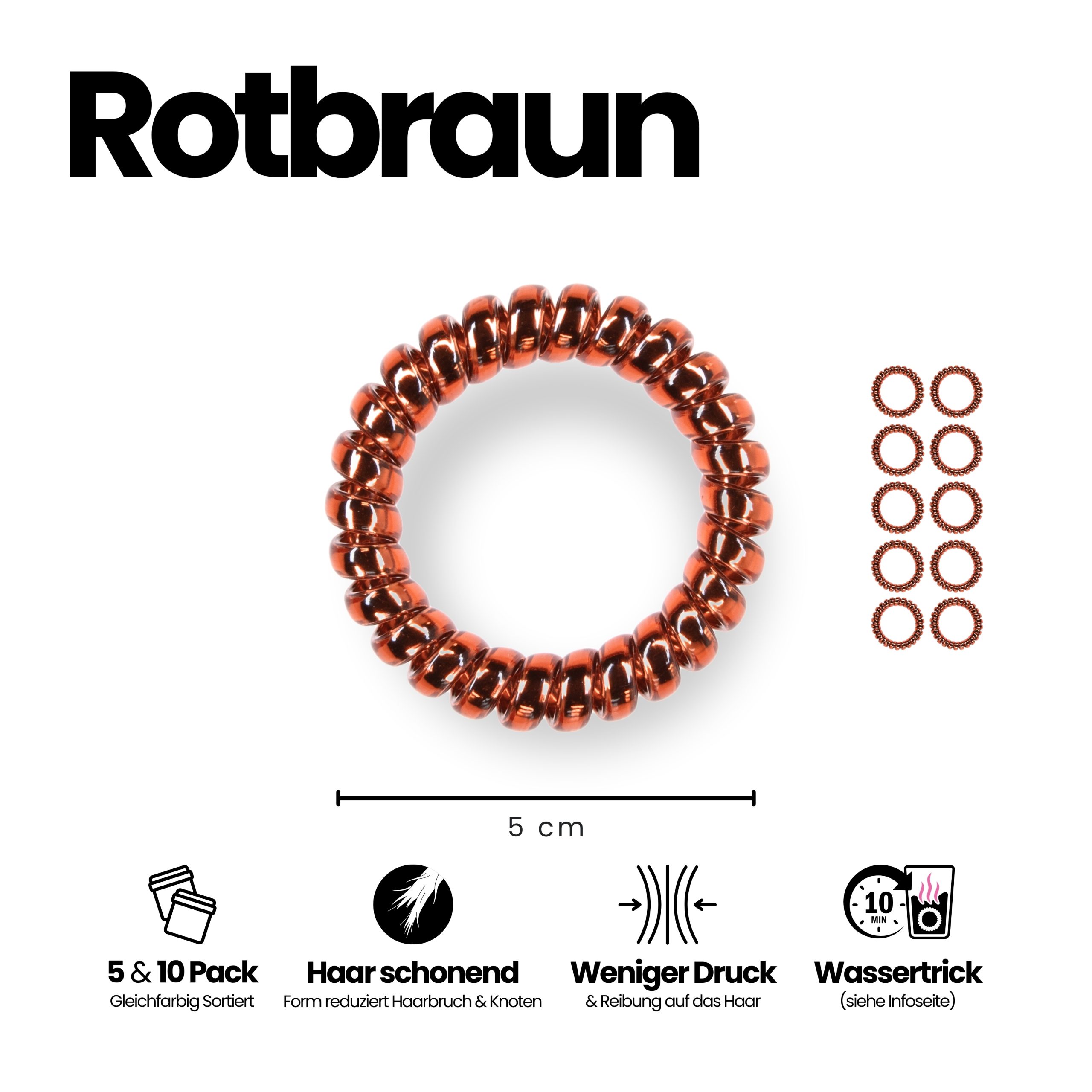 Spiral Haargummi Rot-Braun | 10er Pack - 5cm – Bild 3