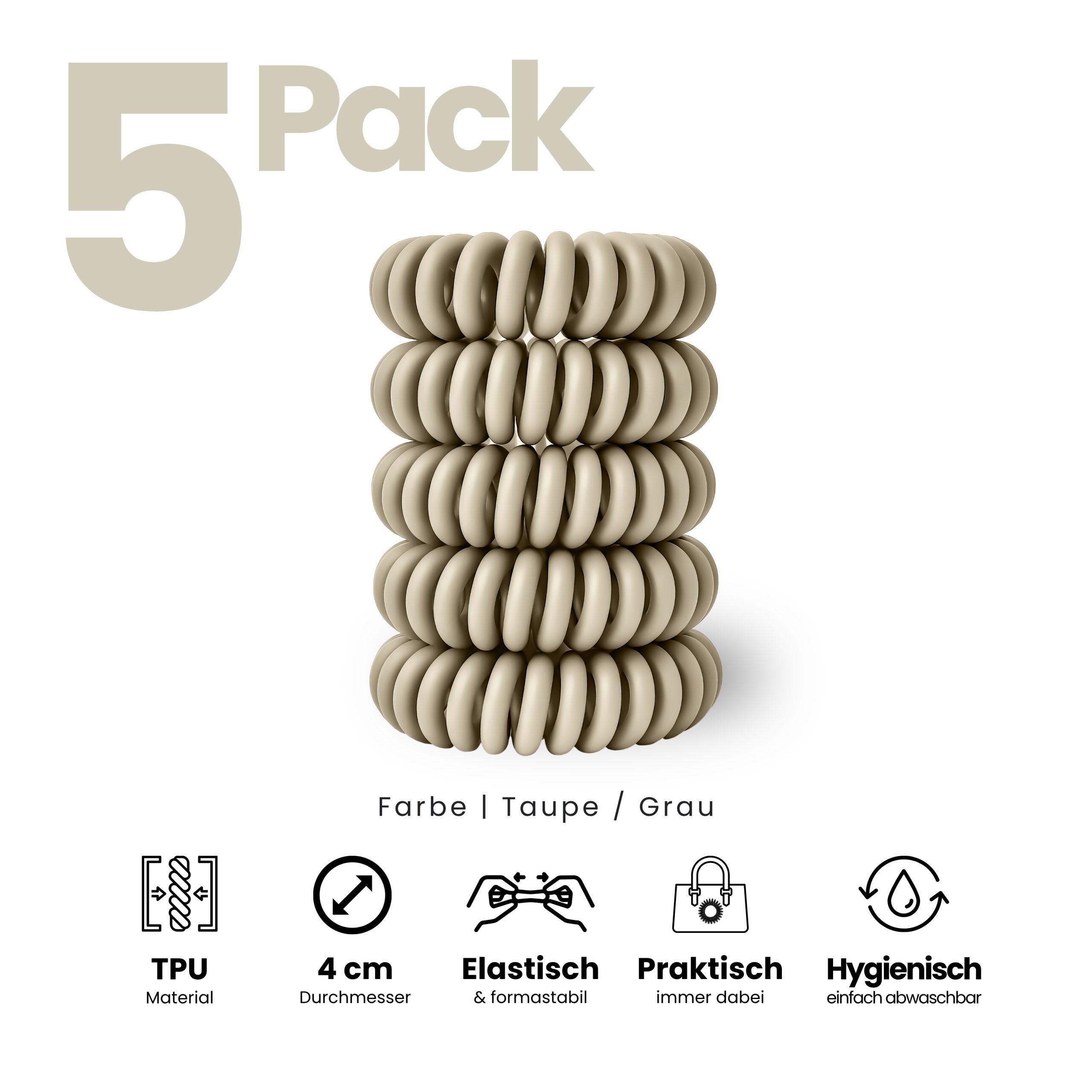 Spiral Haargummi Taupe | 5er Pack - 4cm – Bild 2