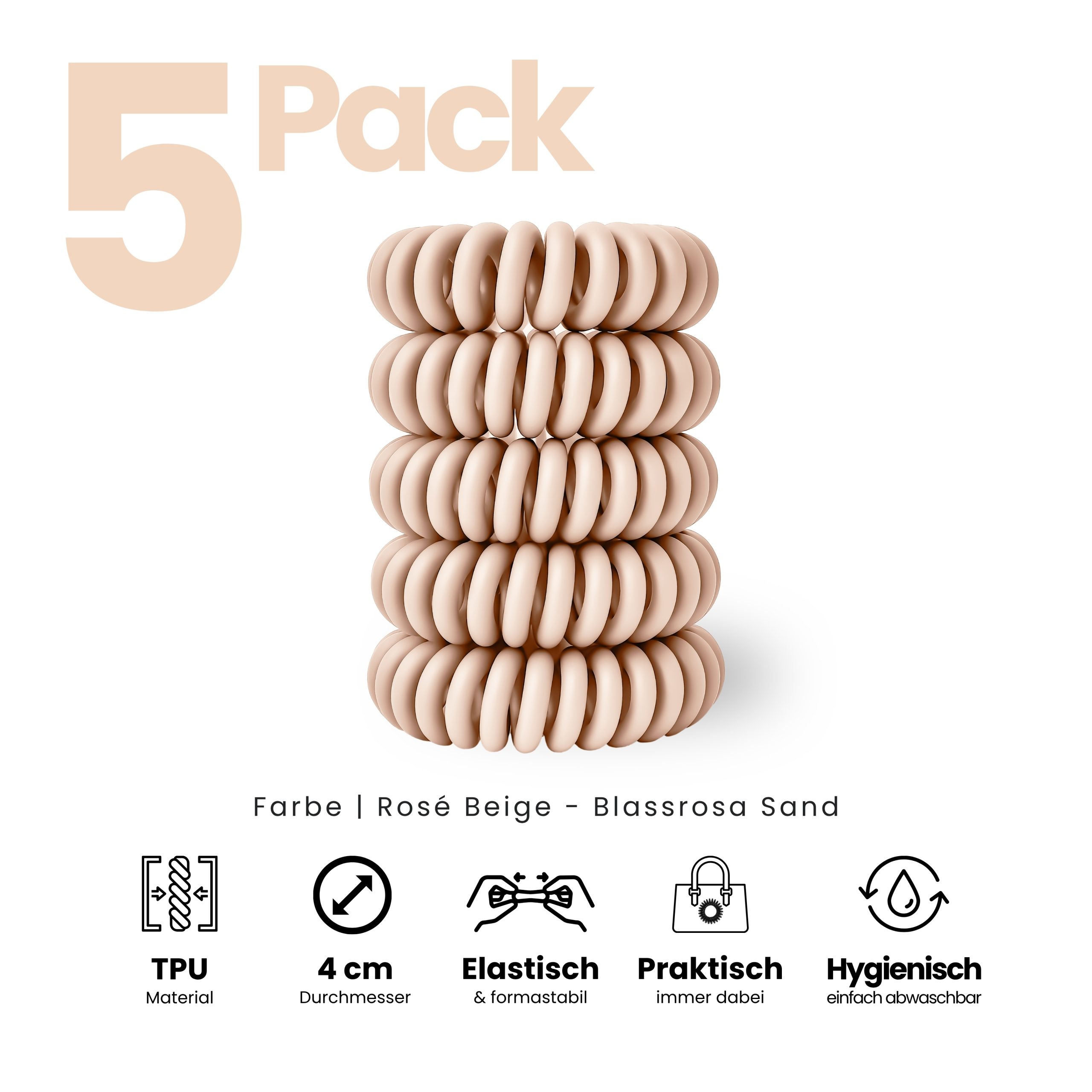 Spiral Haargummi Rosé Beige | 5er Pack - 4cm – Bild 2