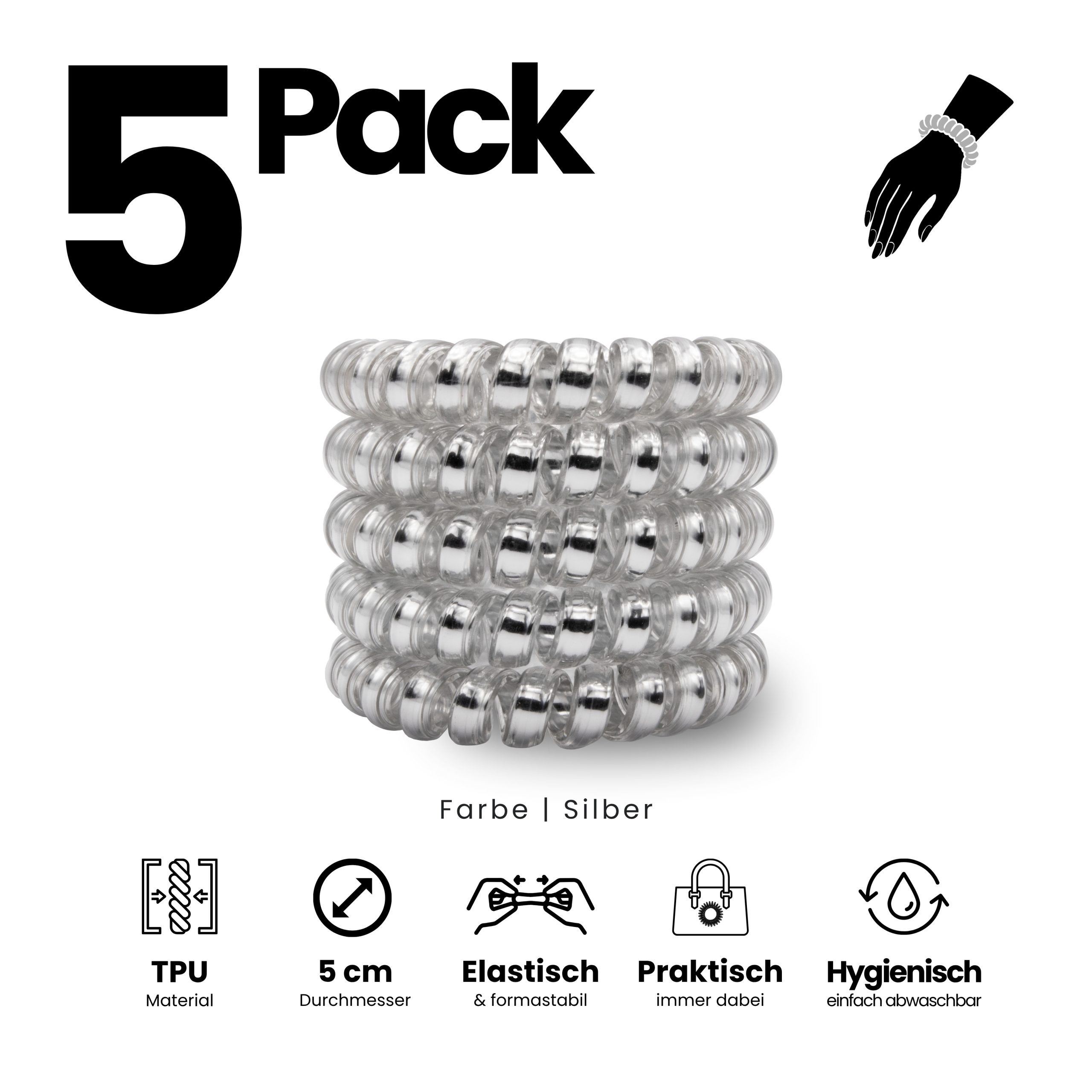 Spiral Haargummi Silber | 5er Pack - 5cm – Bild 2