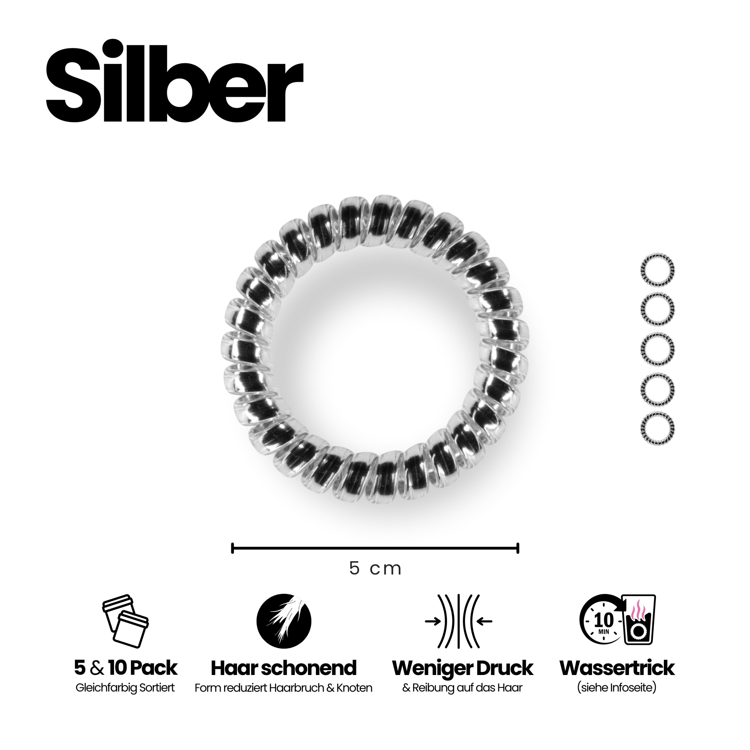 Spiral Haargummi Silber | 5er Pack - 5cm – Bild 3