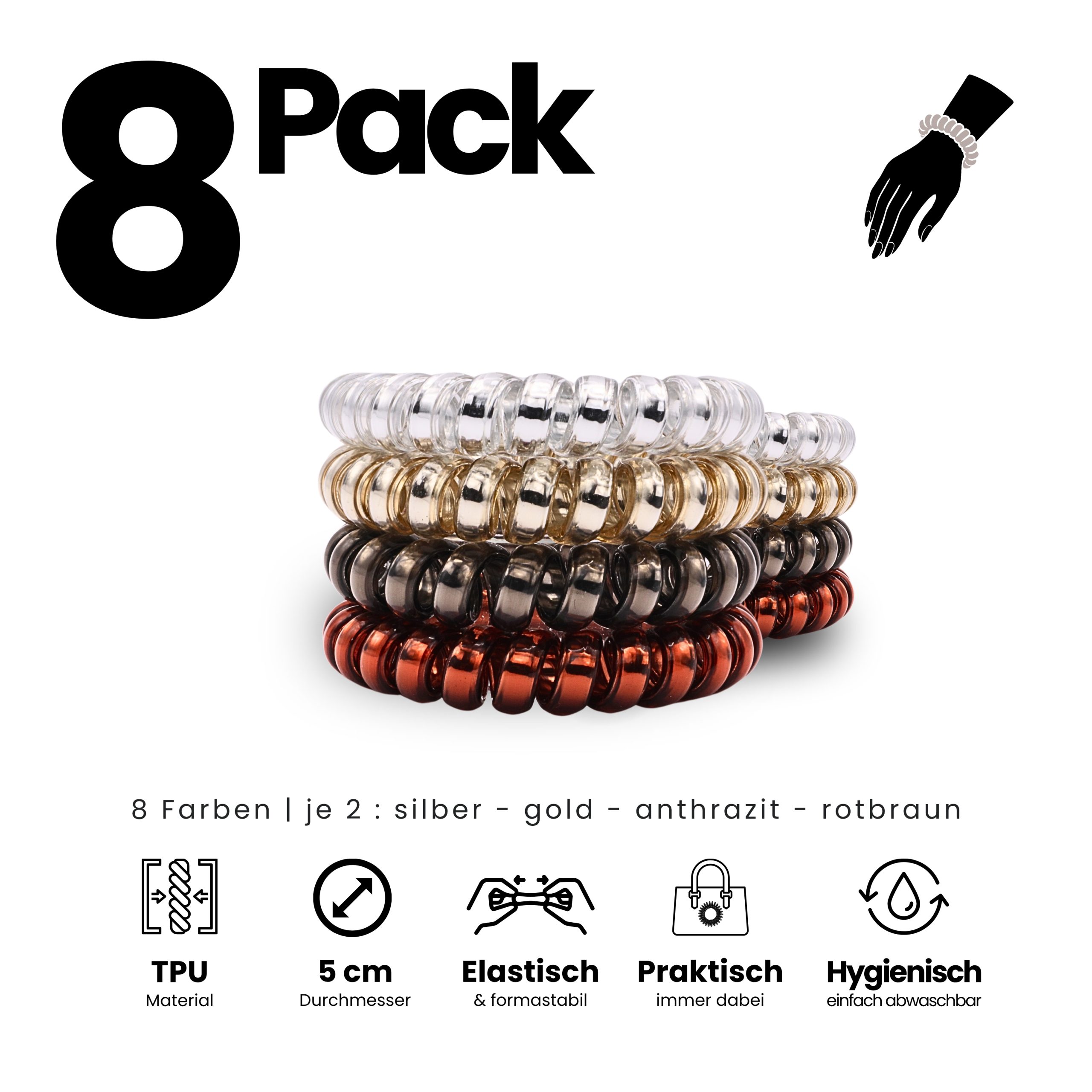 Spiral Haargummi 4 Farben | 8er Pack - 5cm – Bild 2