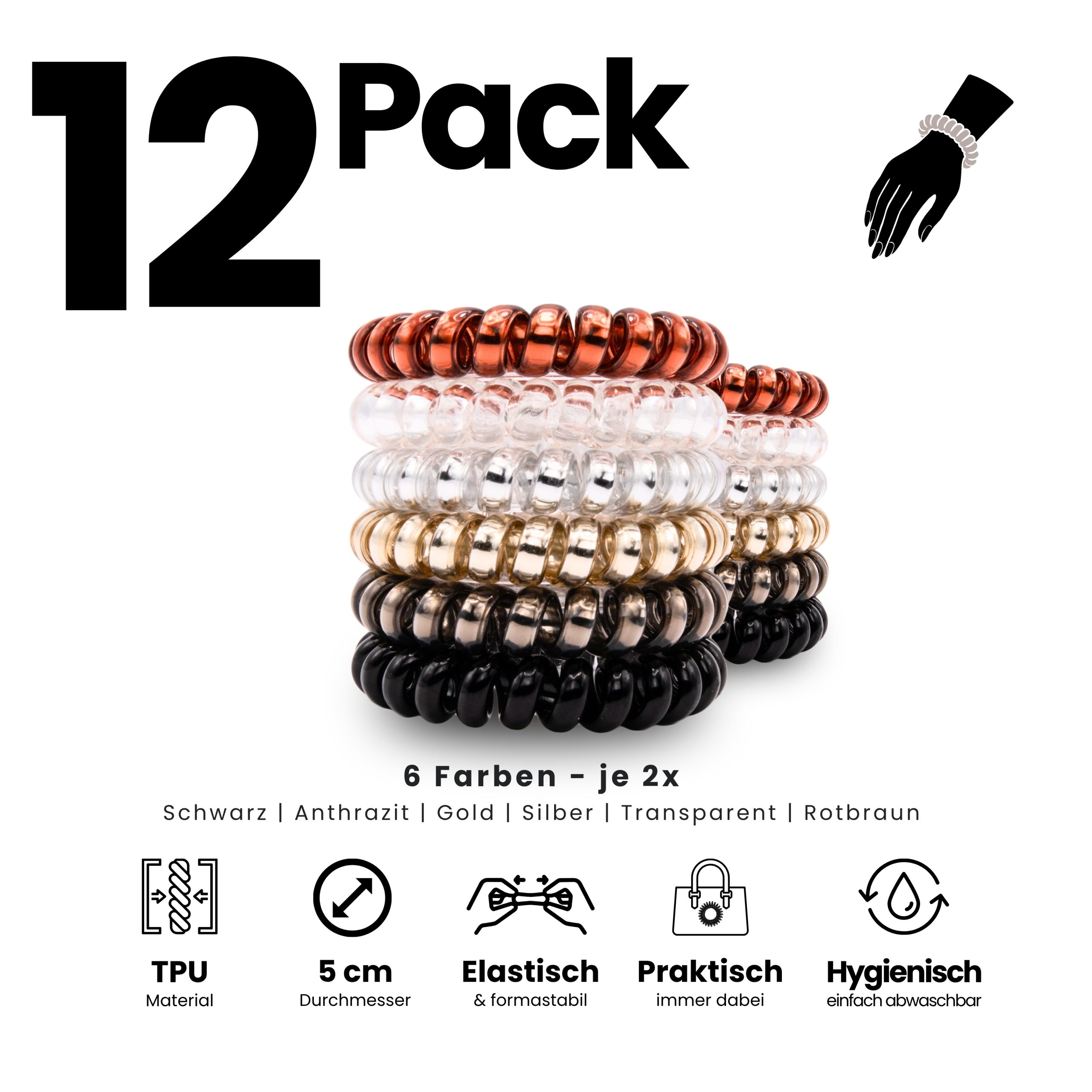 Spiral Haargummi 6 Farben | 12er Pack - 5cm – Bild 2