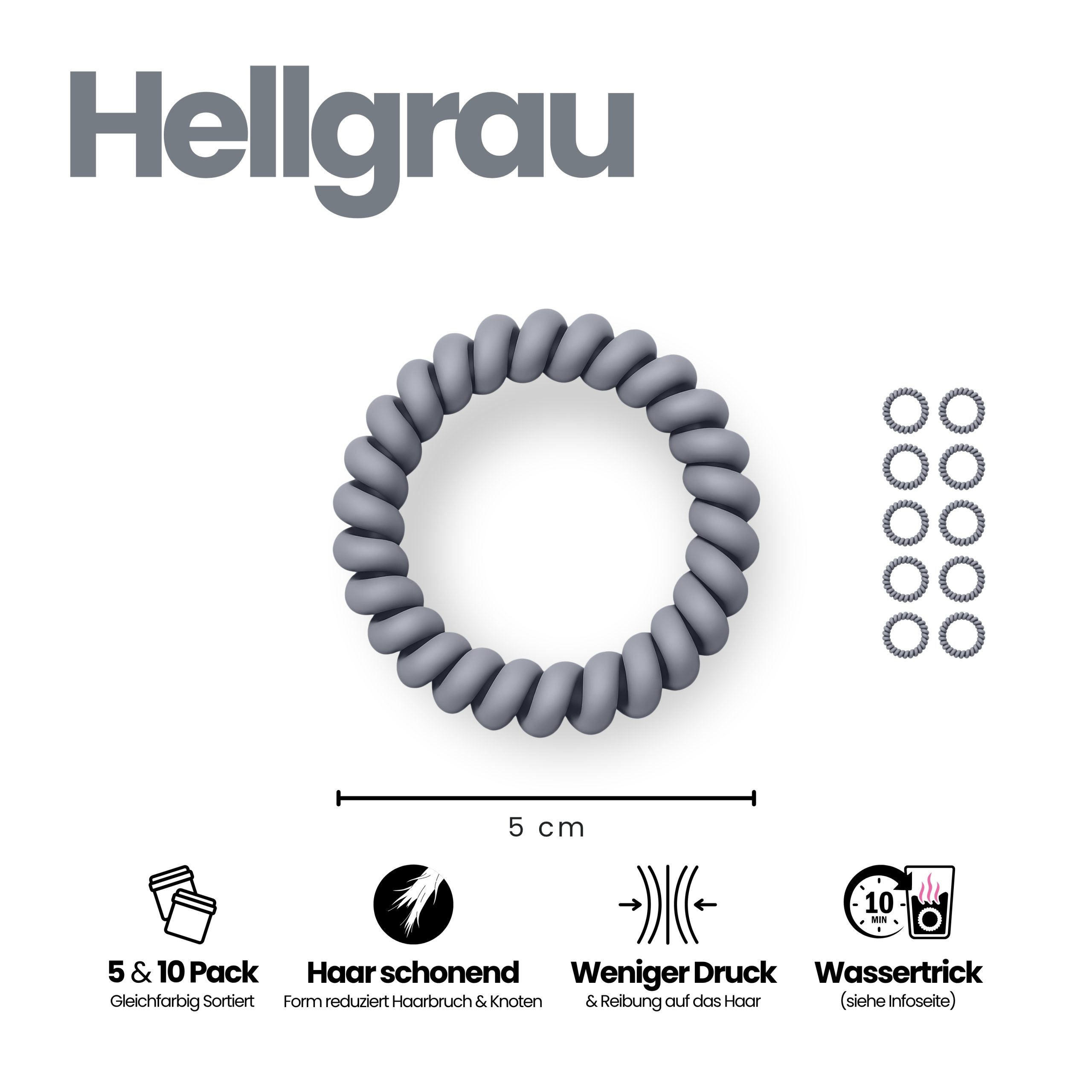 Spiral Haargummi Hellgrau | 10er Pack - 5cm – Bild 3