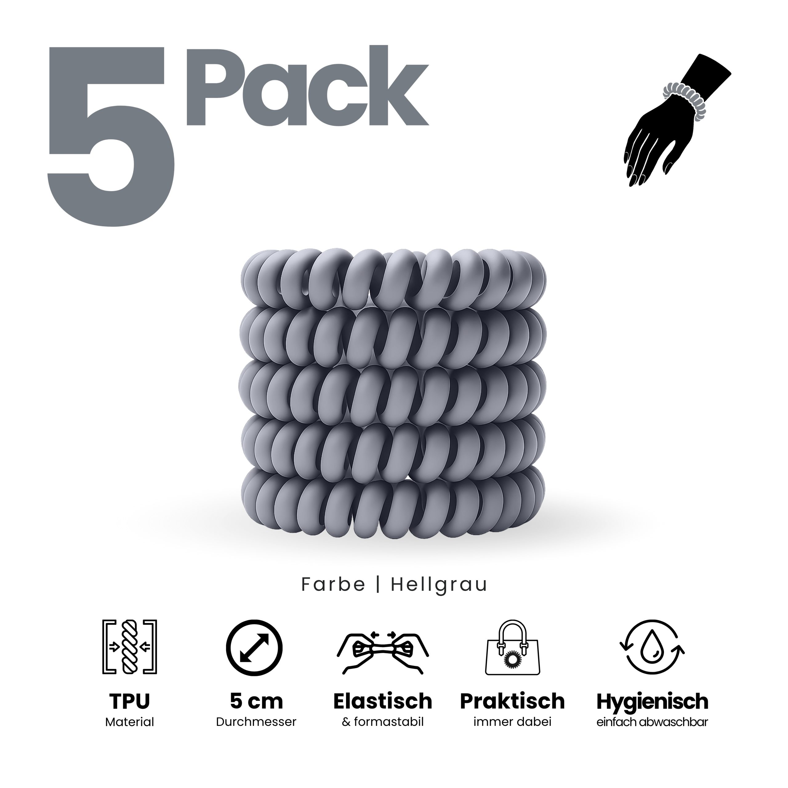Spiral Haargummi Hellgrau | 5er Pack - 5cm – Bild 2