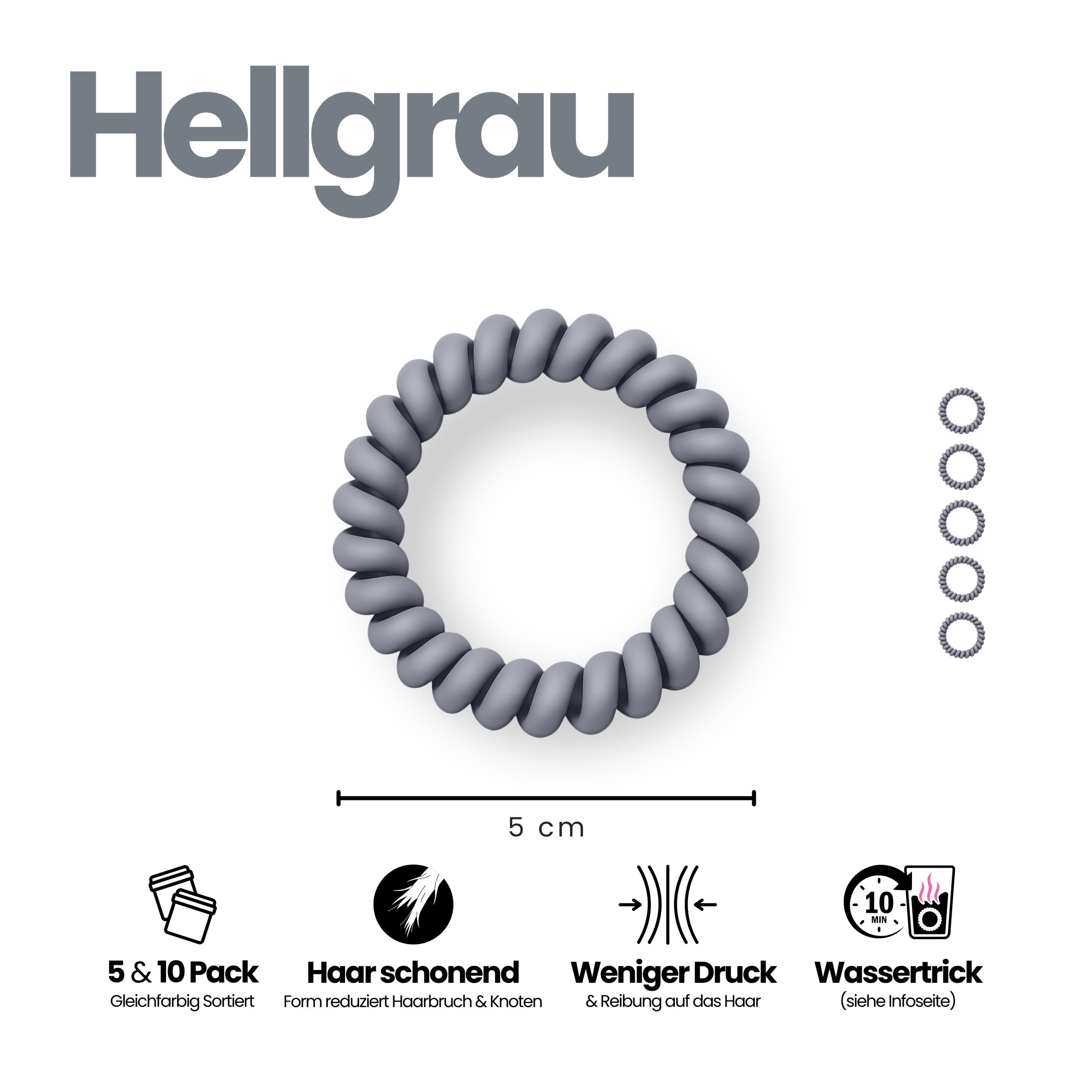 Spiral Haargummi Hellgrau | 5er Pack - 5cm – Bild 3