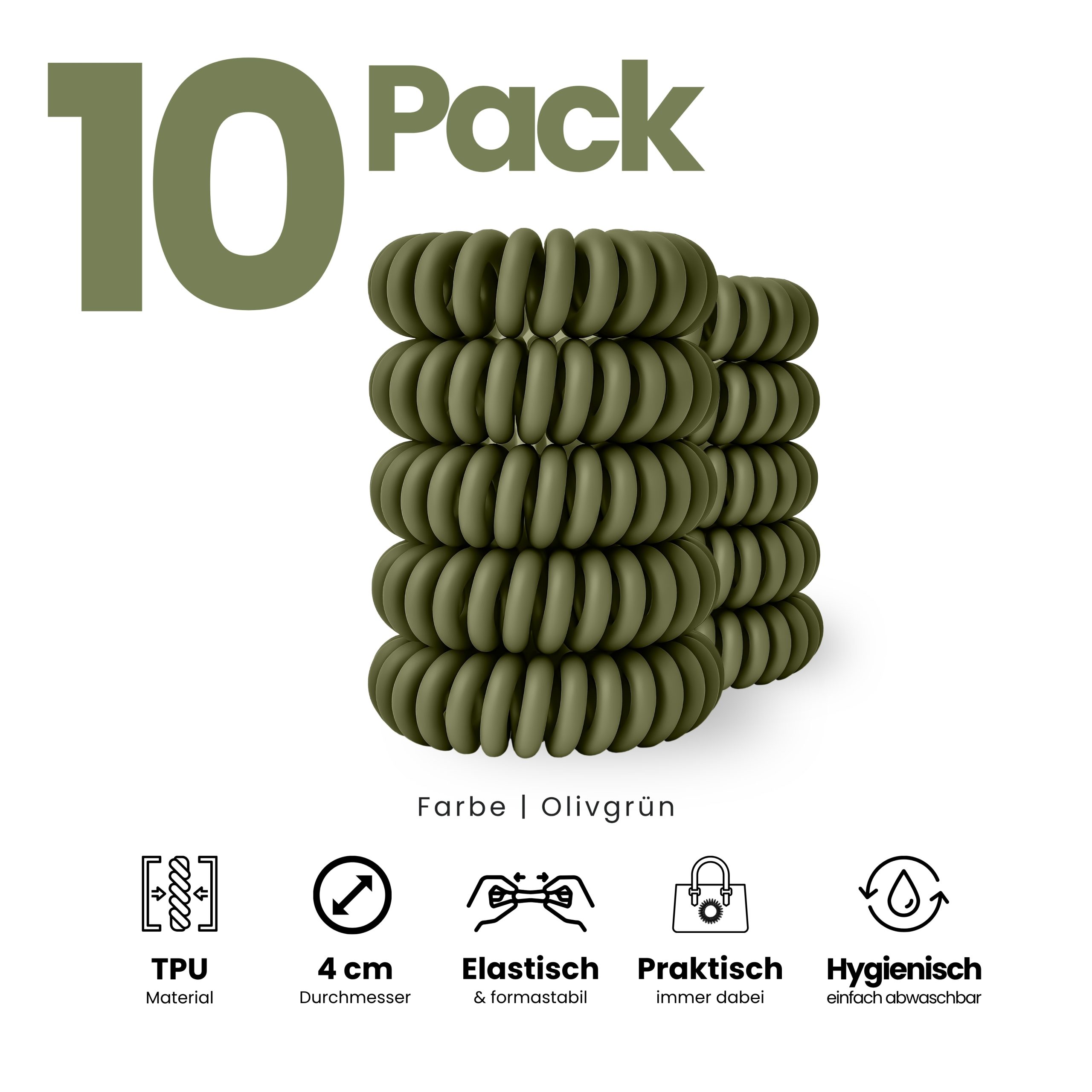 Spiral Haargummi Olivgrün | 10er Pack - 4cm – Bild 2