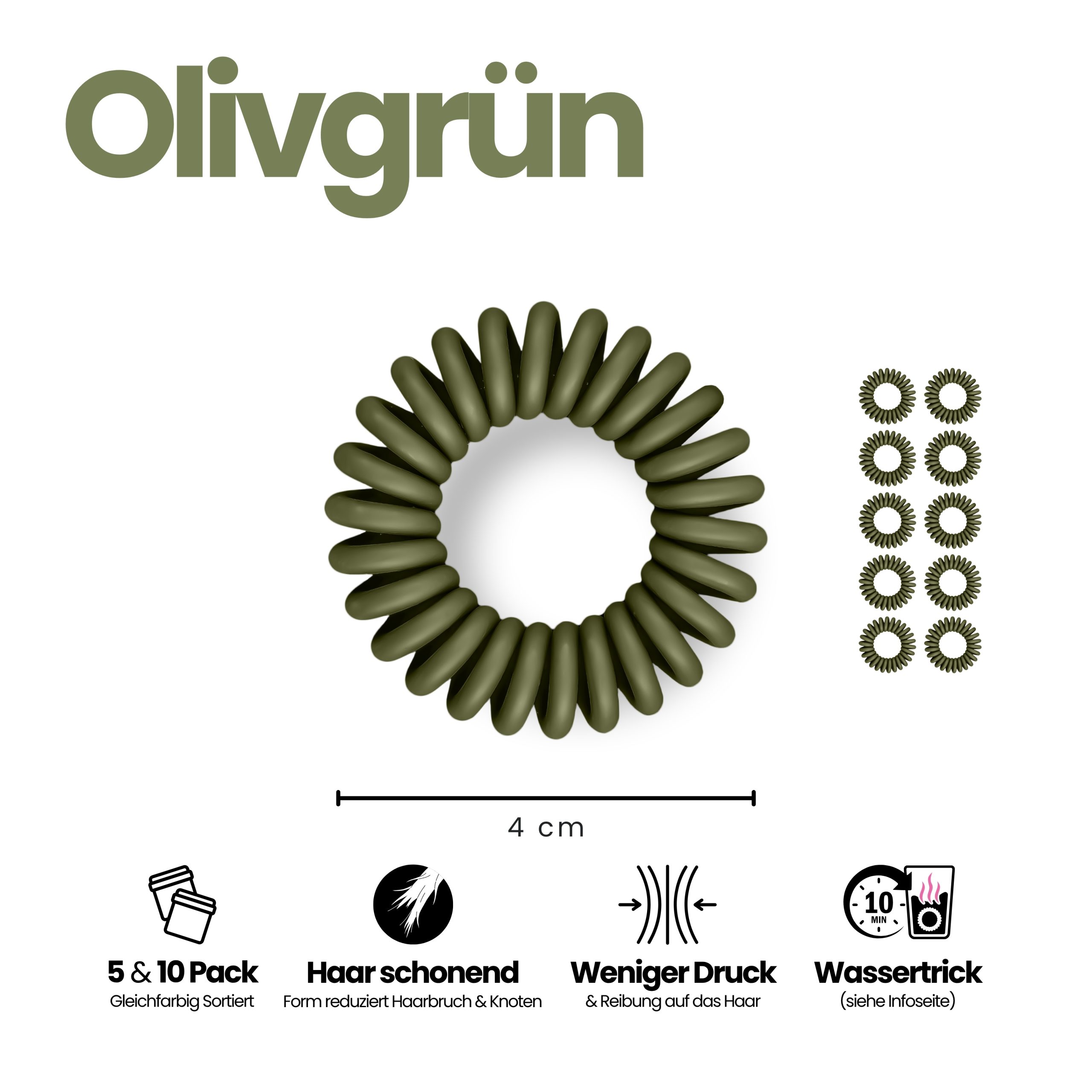 Spiral Haargummi Olivgrün | 10er Pack - 4cm – Bild 3
