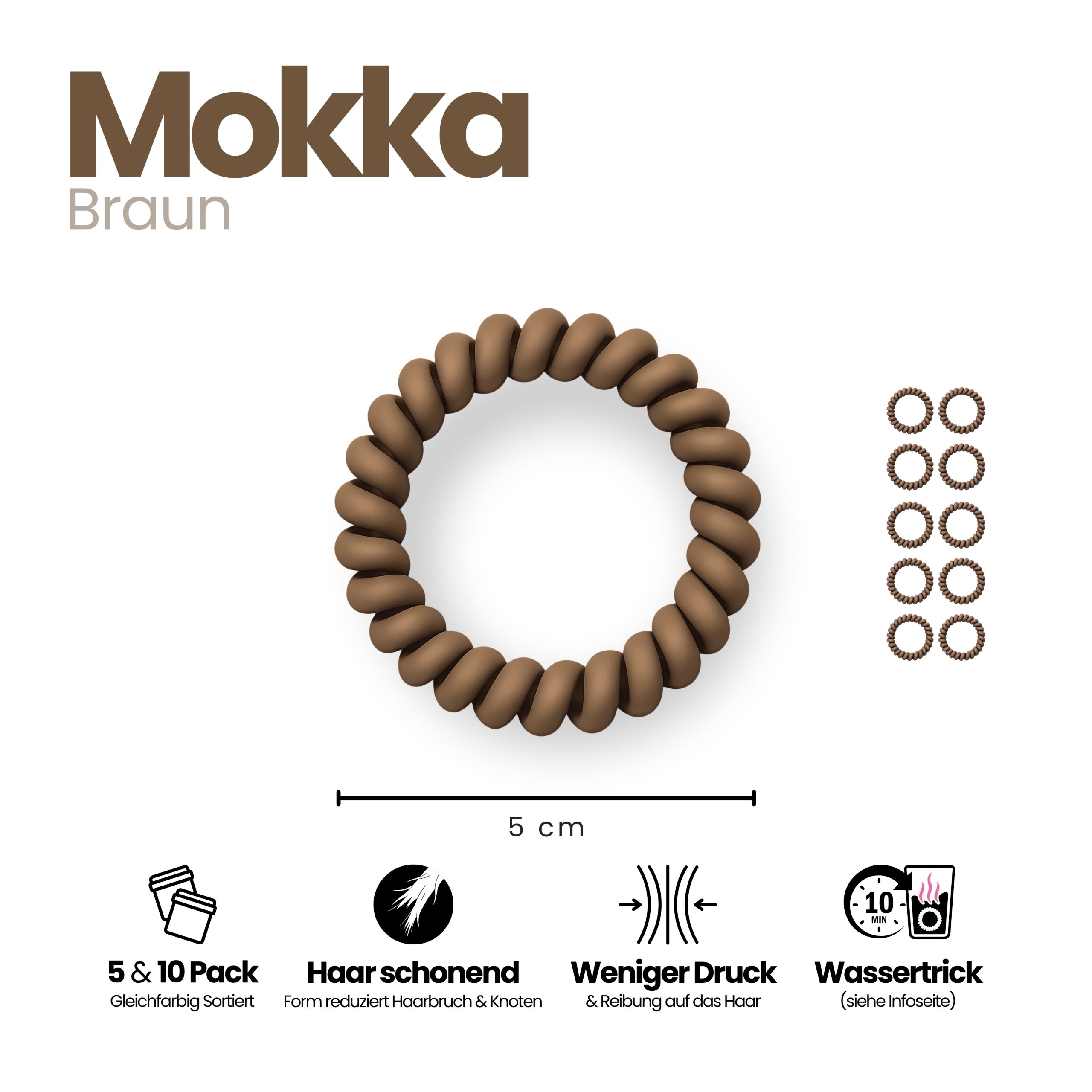 Spiral Haargummi Mokka | 10er Pack - 5cm – Bild 3