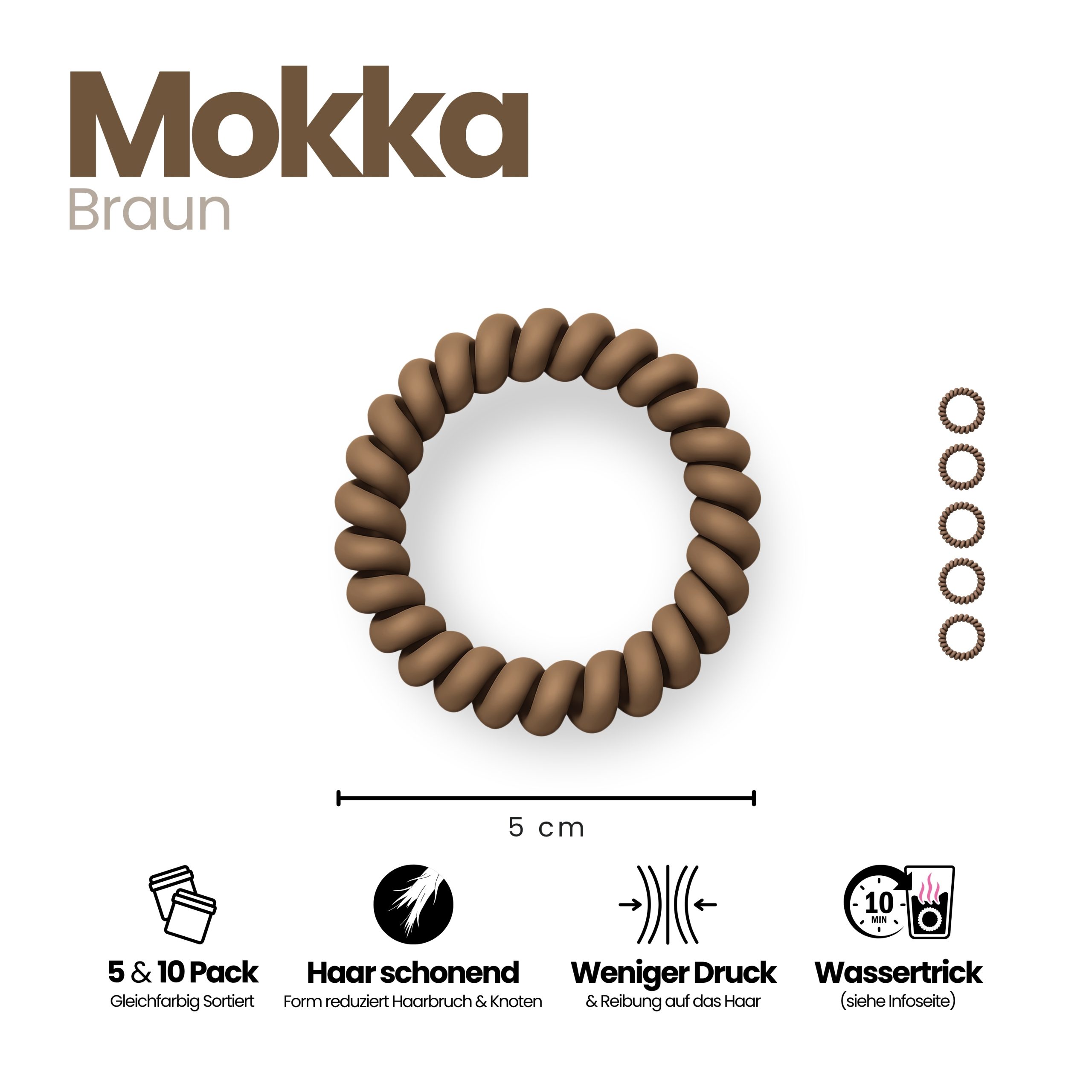 Spiral Haargummi Mokka | 5er Pack - 5cm – Bild 3