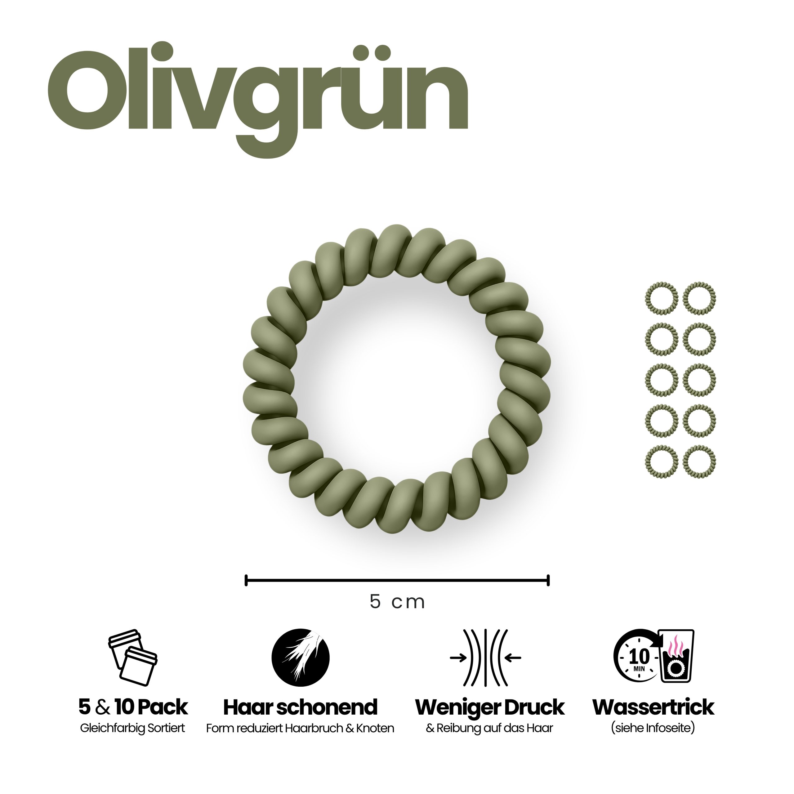Spiral Haargummi Olivgrün | 10er Pack - 5cm – Bild 3