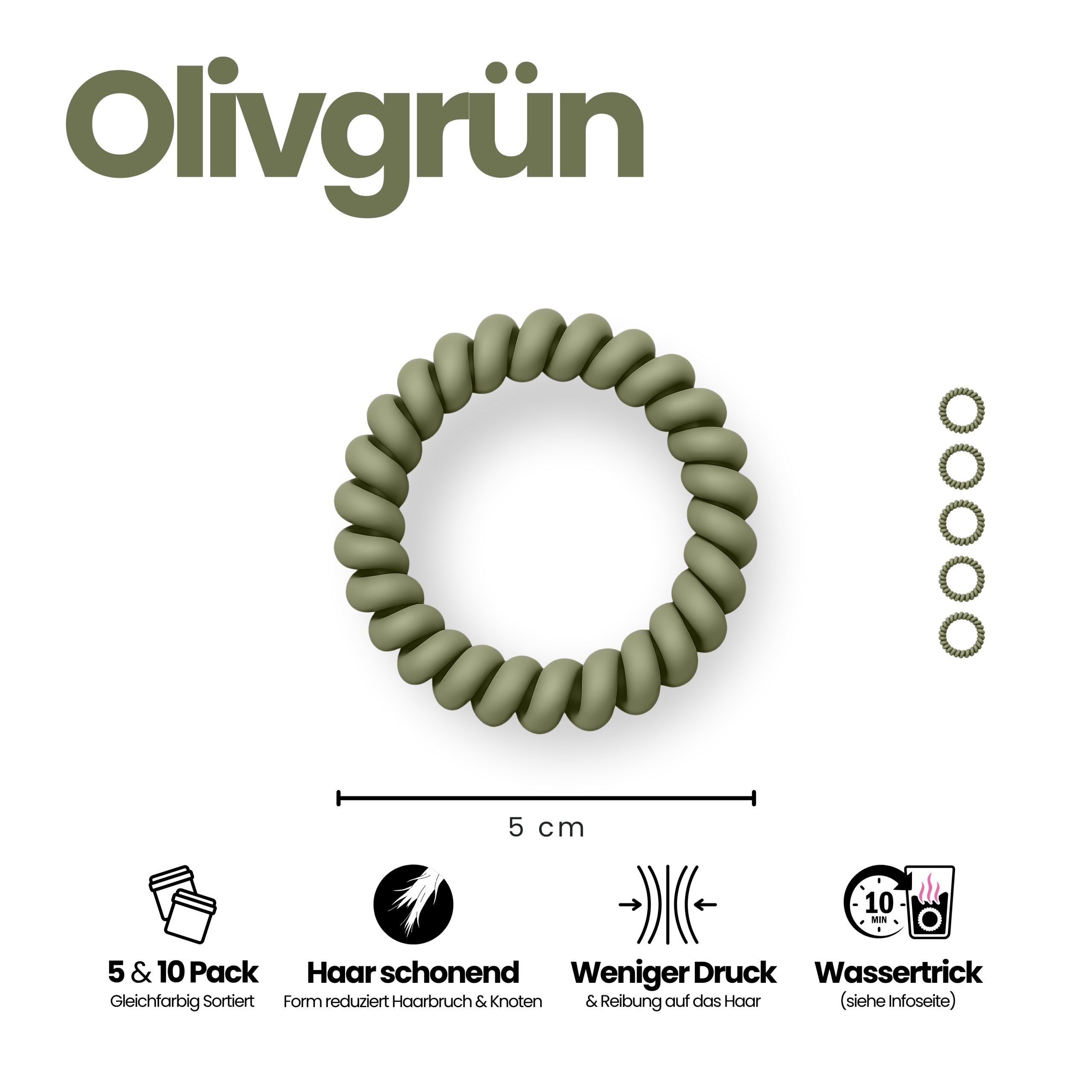 Spiral Haargummi Olivgrün | 5er Pack - 5cm – Bild 3