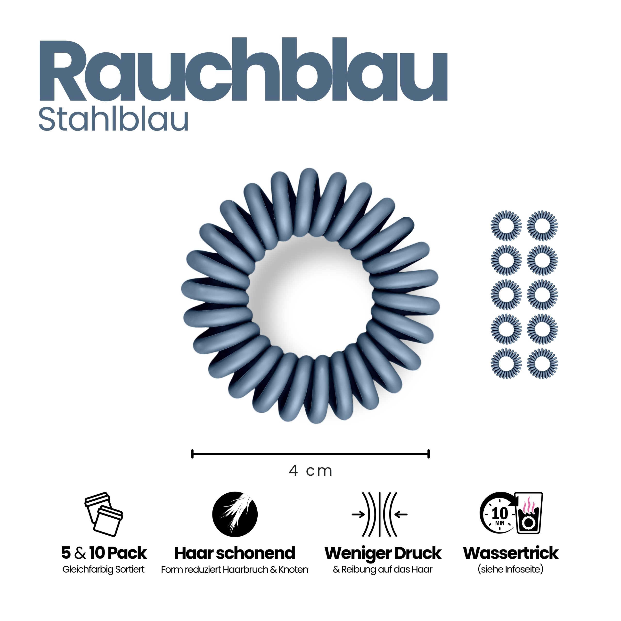 Spiral Haargummi Rauchblau | 10er Pack - 4cm – Bild 3