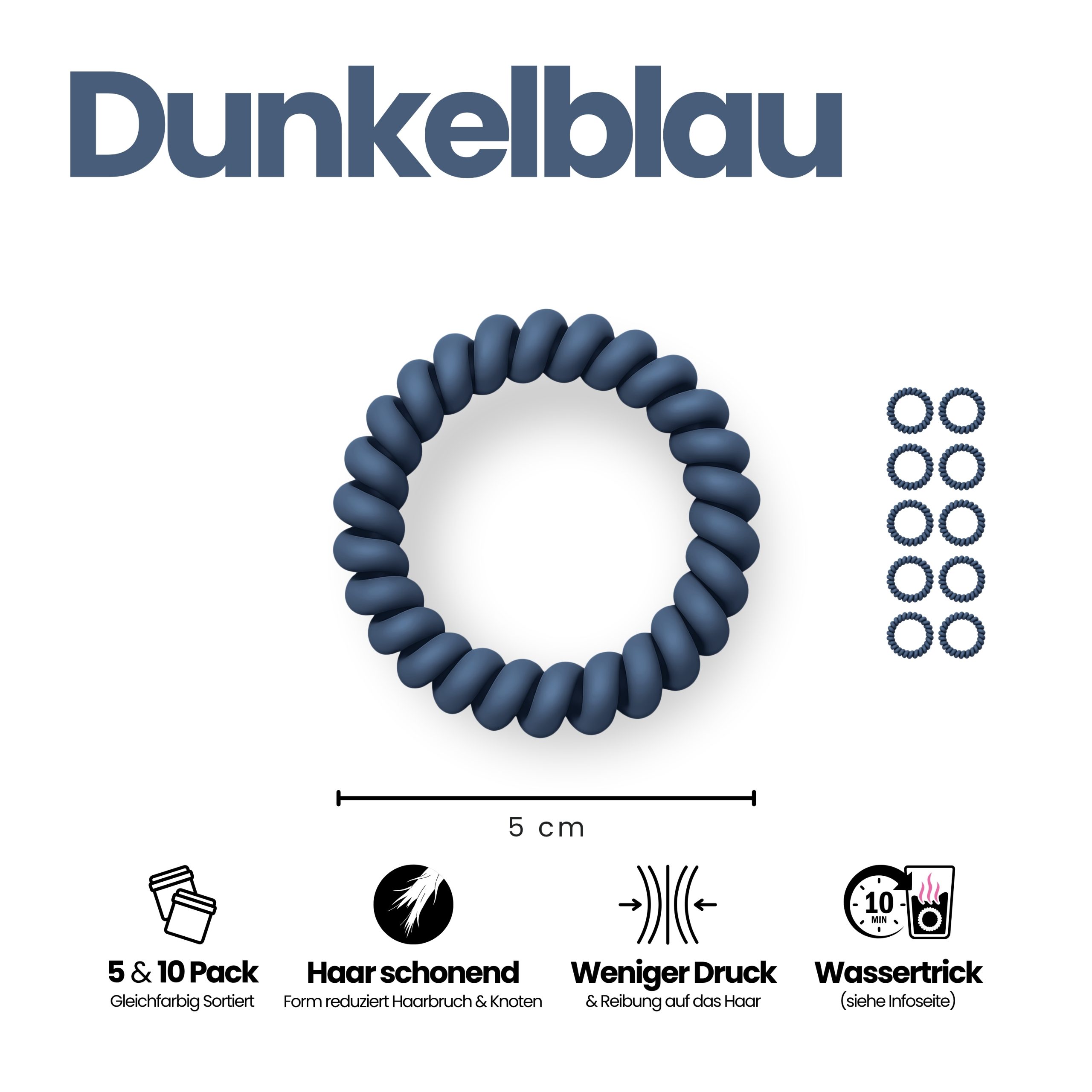 Spiral Haargummi Dunkelblau | 10er Pack - 5cm – Bild 3