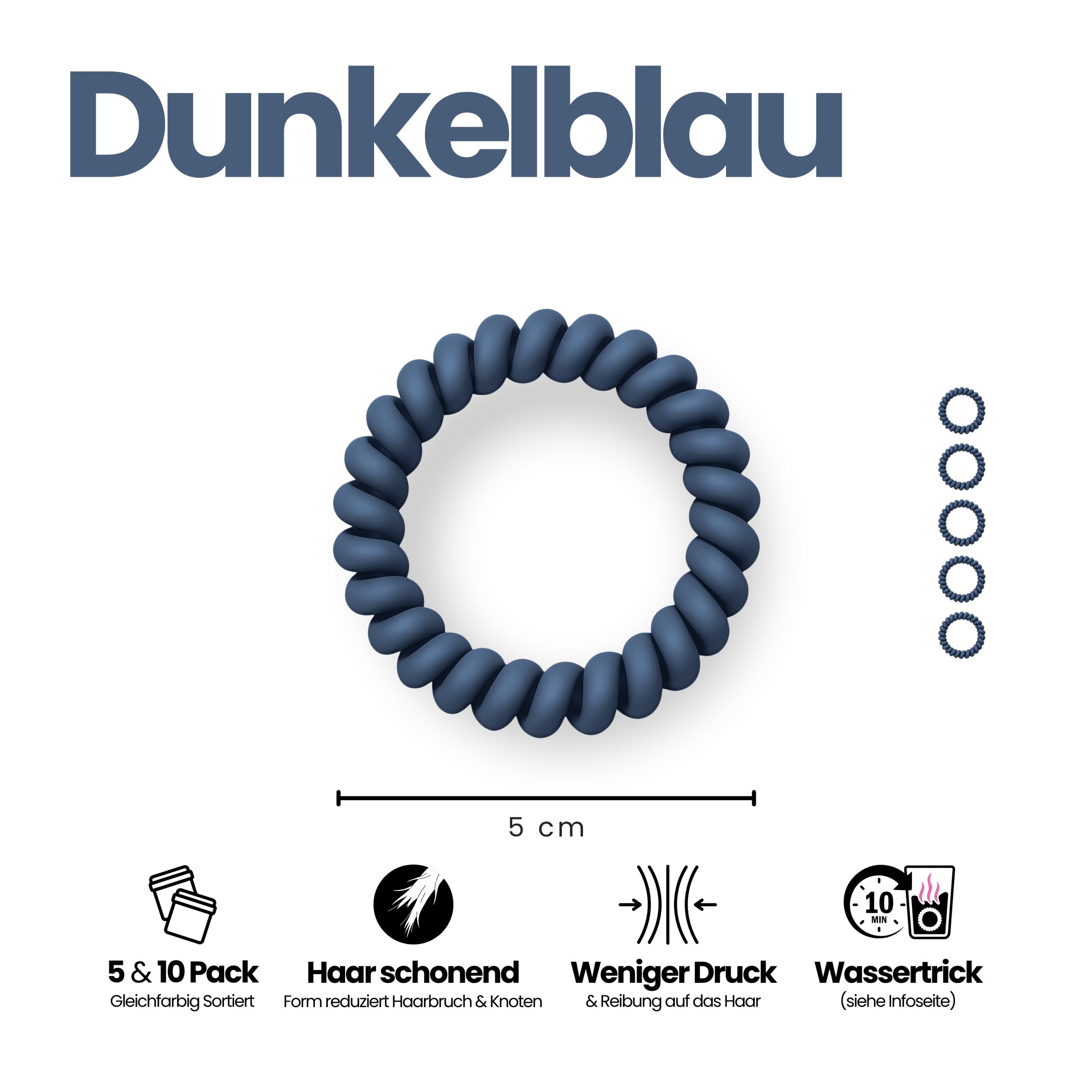 Spiral Haargummi Dunkelblau | 5er Pack - 5cm – Bild 3
