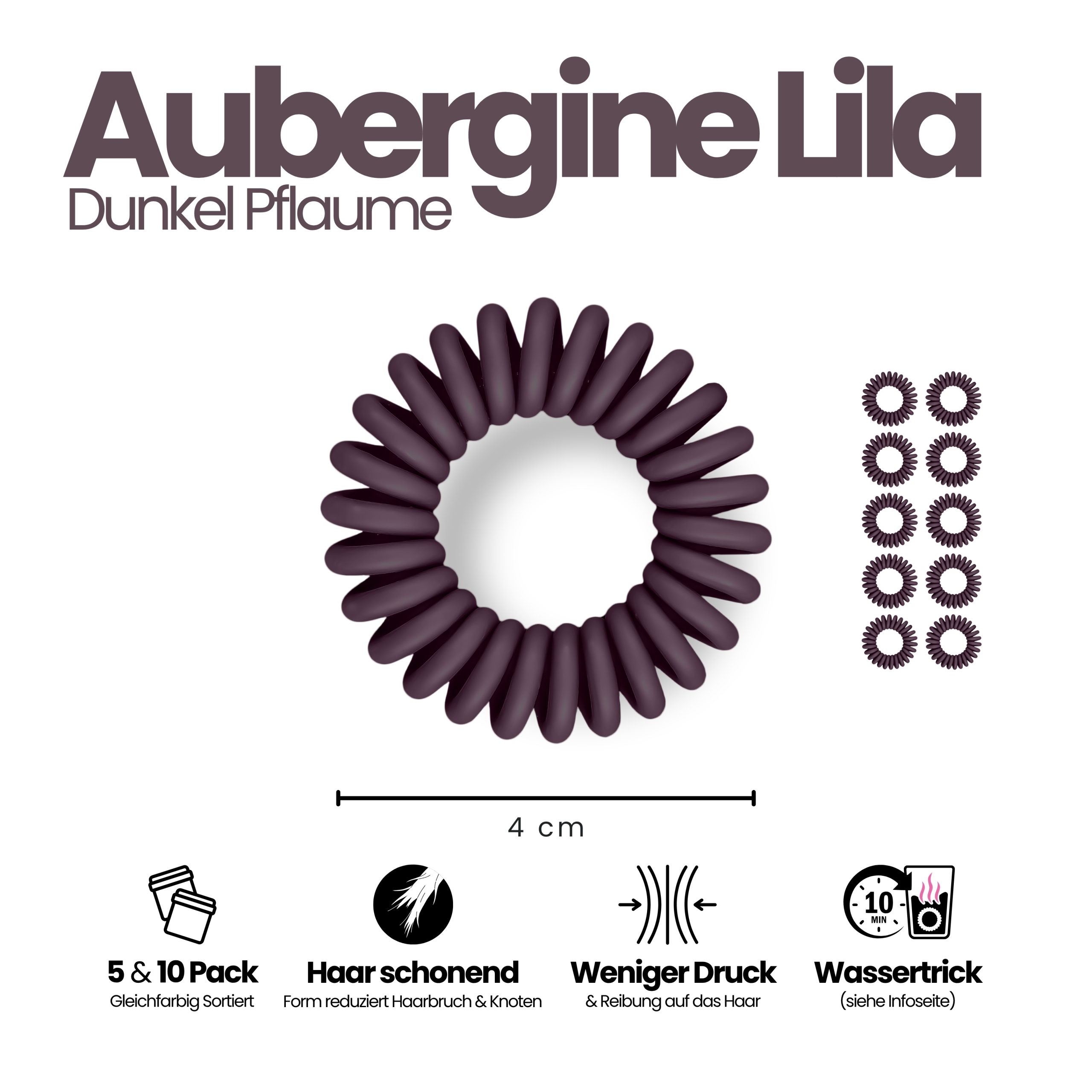 Spiral Haargummi Aubergine | 10er Pack - 4cm – Bild 3