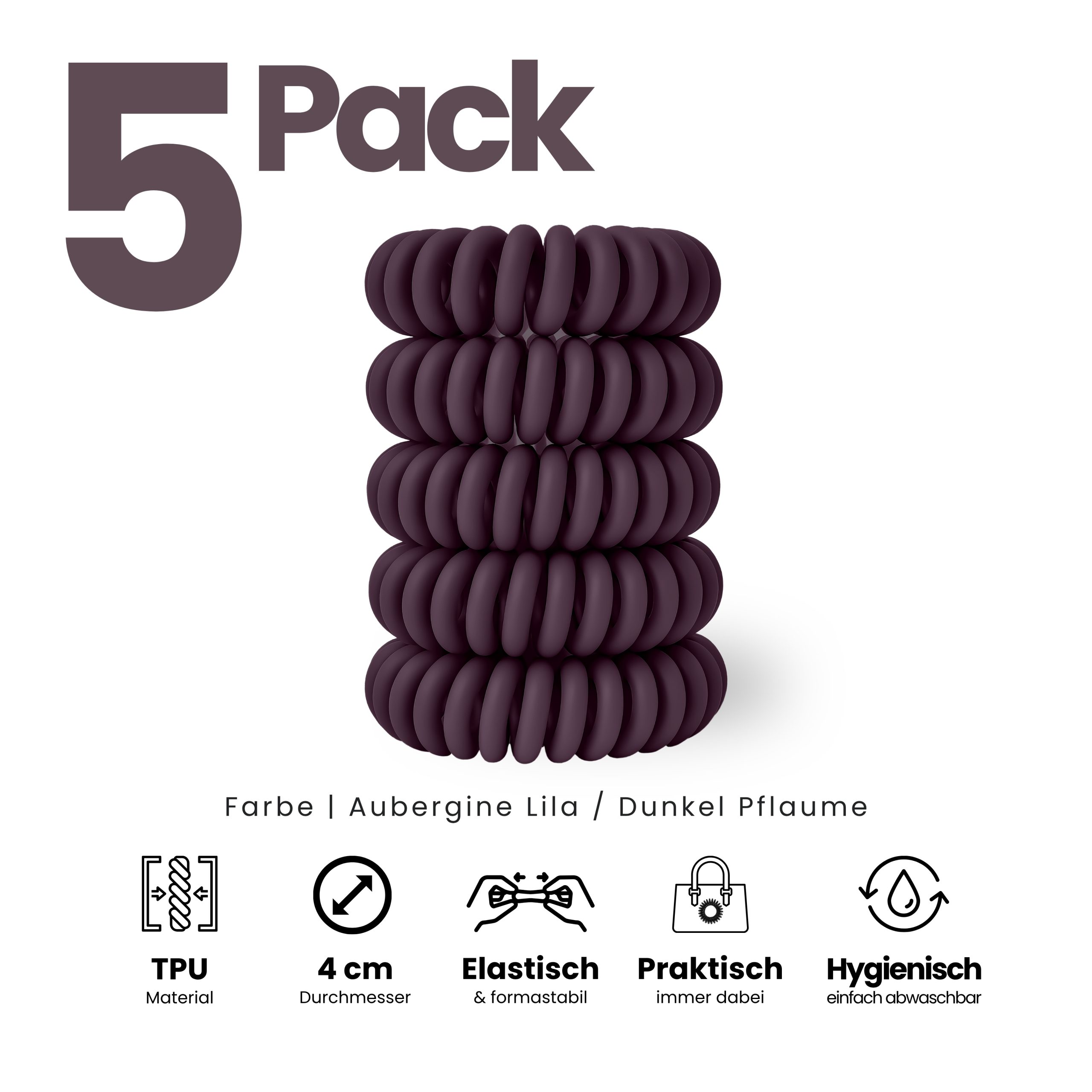 Spiral Haargummi Aubergine | 5er Pack - 4cm – Bild 2