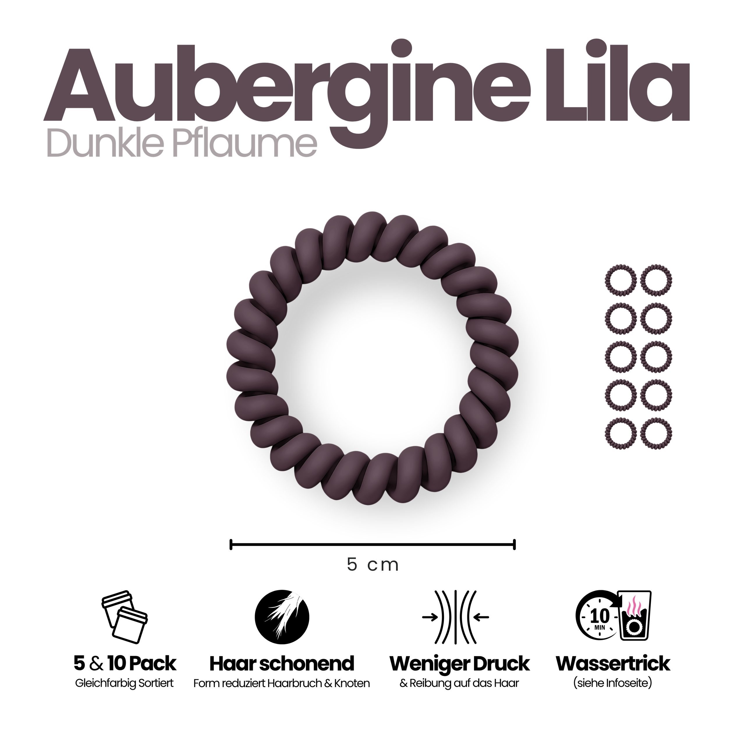 Spiral Haargummi Aubergine | 10er Pack - 5cm – Bild 3