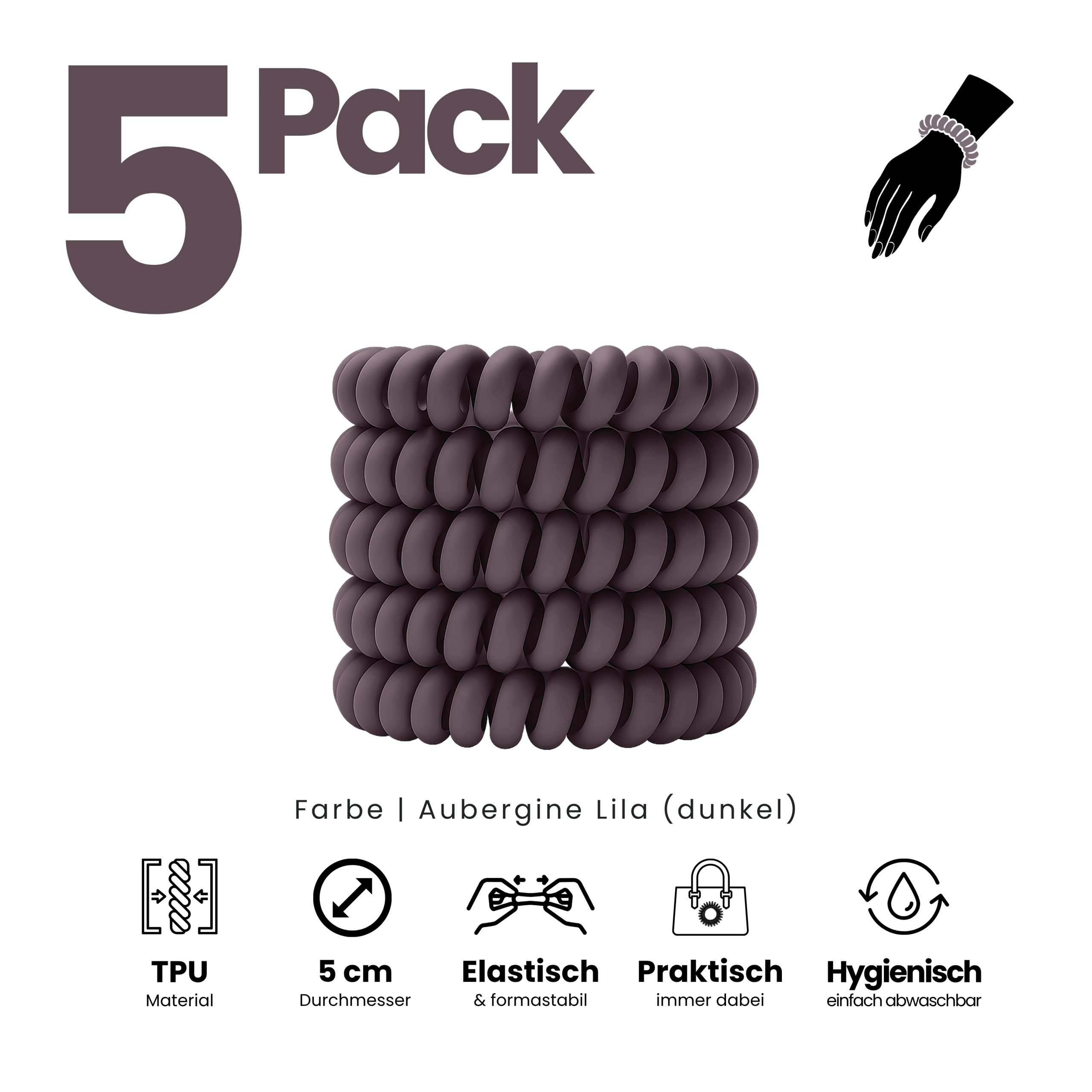Spiral Haargummi Aubergine | 5er Pack - 5cm – Bild 2