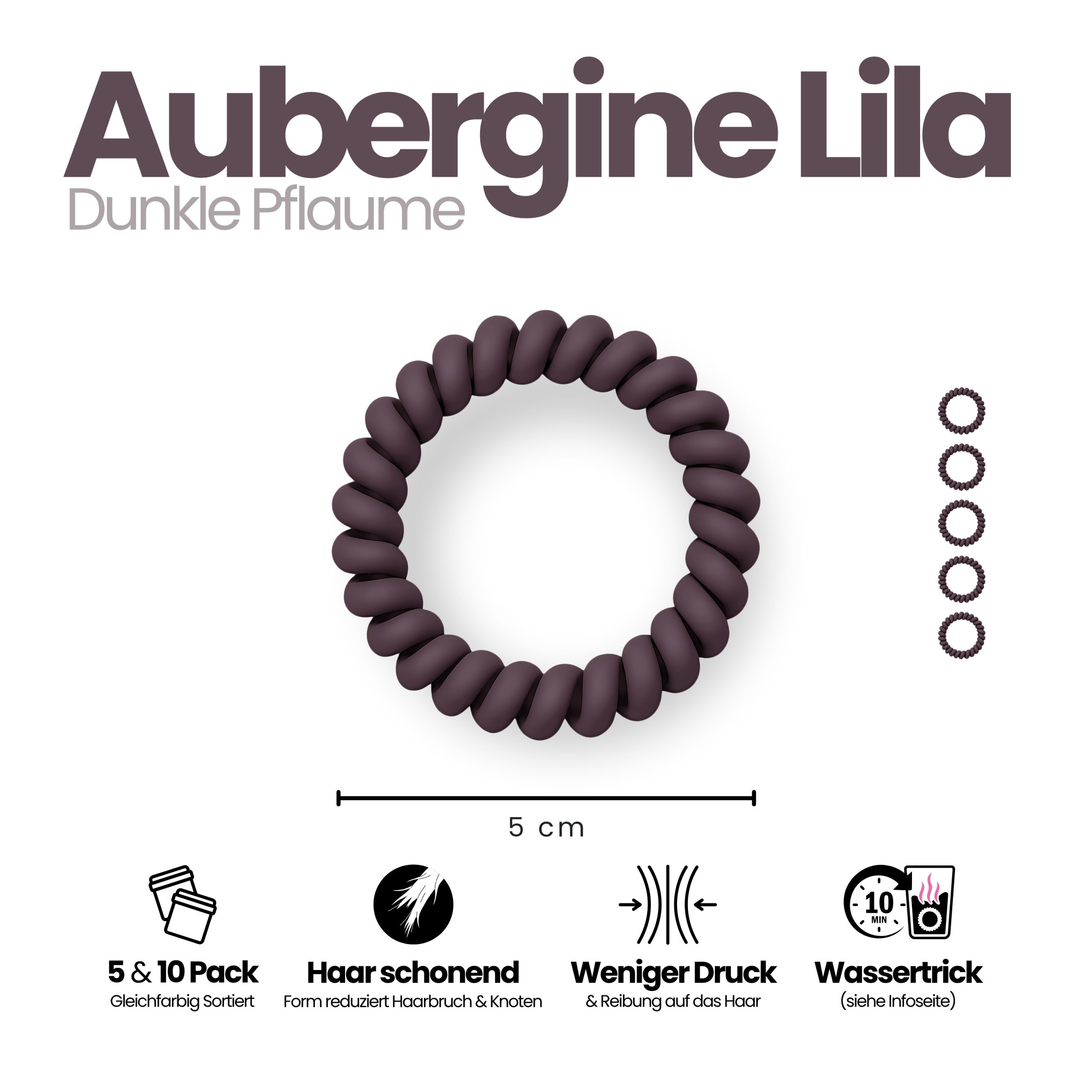 Spiral Haargummi Aubergine | 5er Pack - 5cm – Bild 3